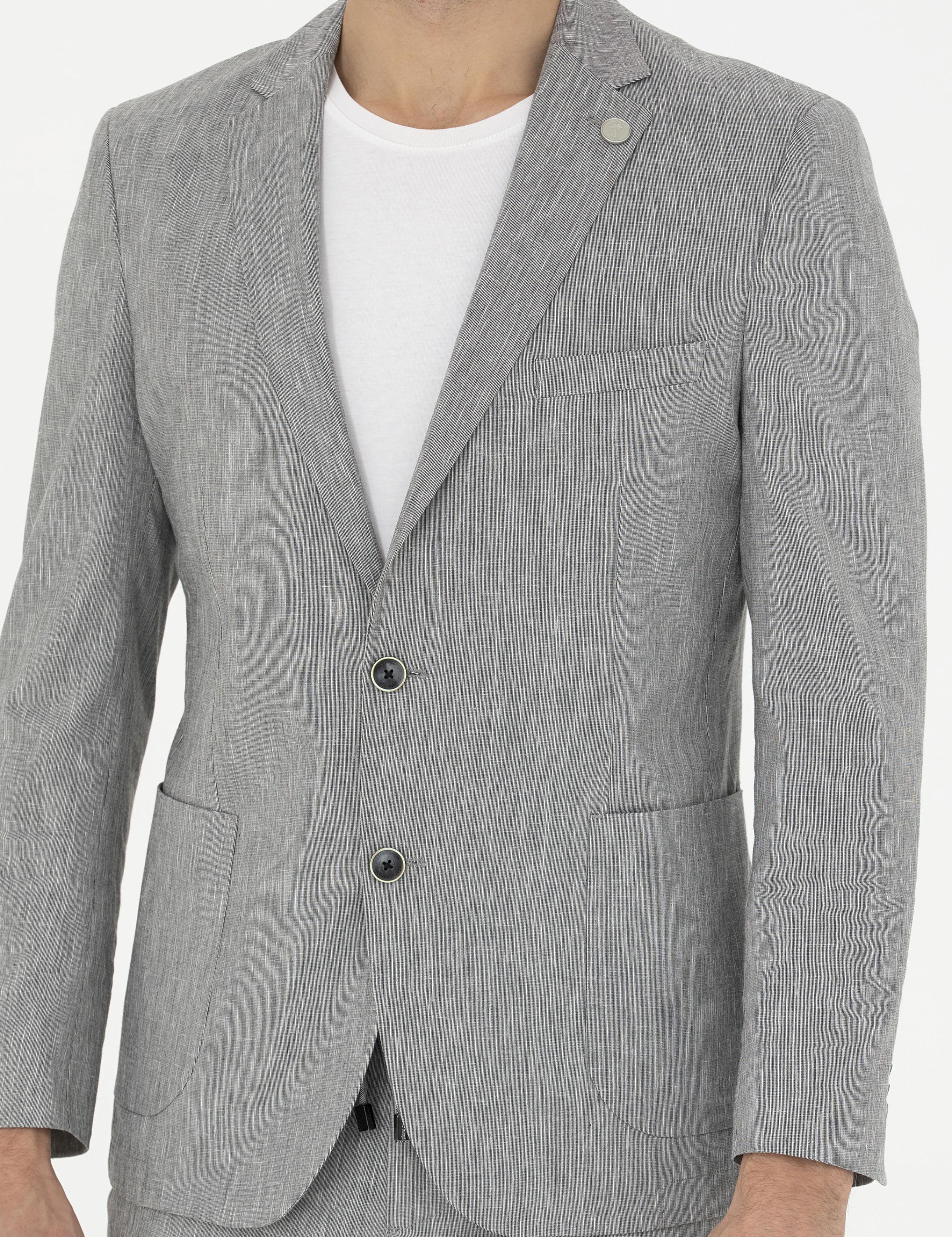 Gri Ex. Slim Fit Keten Karışımlı Ceket