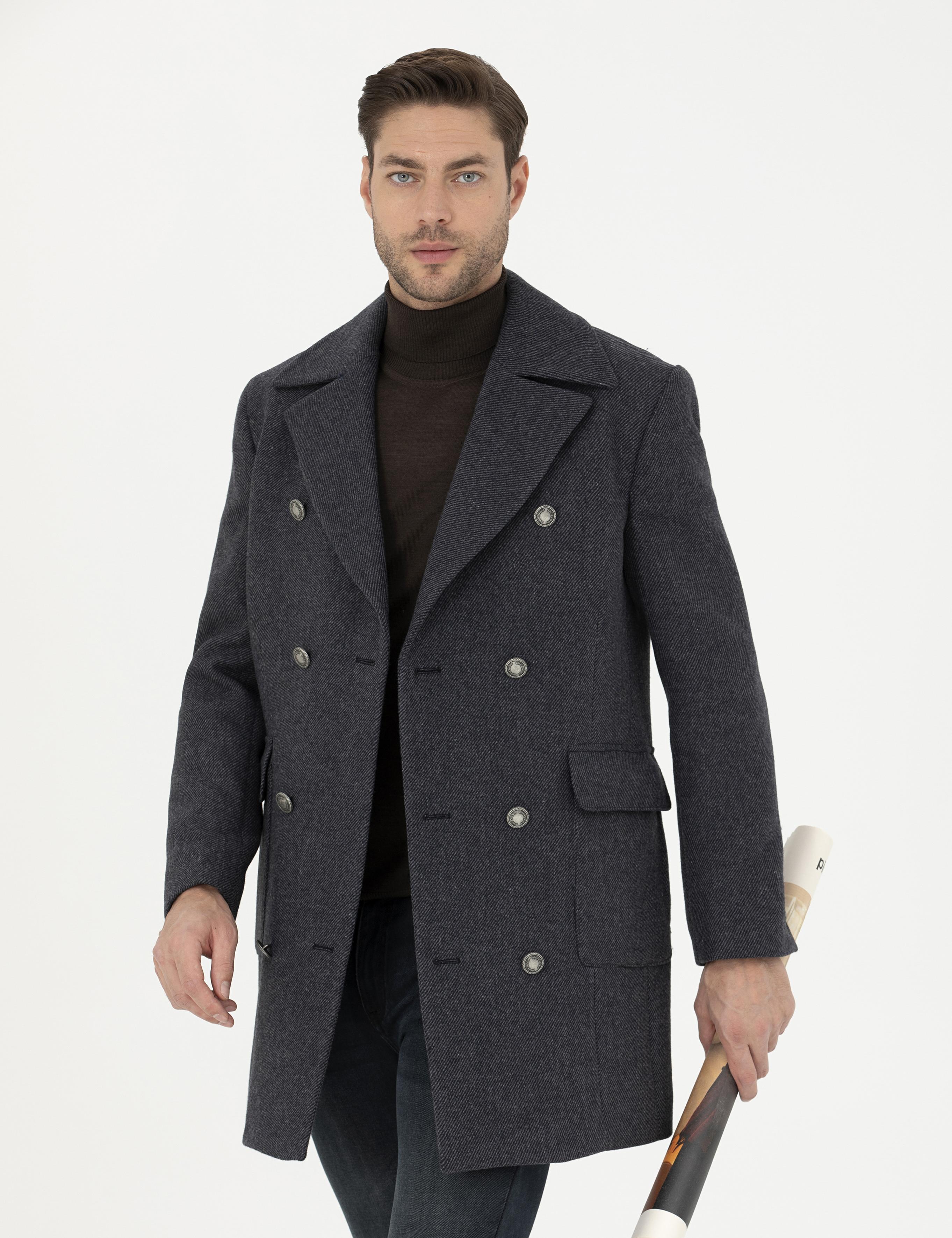 Füme Kruvaze Yaka Slim Fit Metal Düğme Detaylı Palto