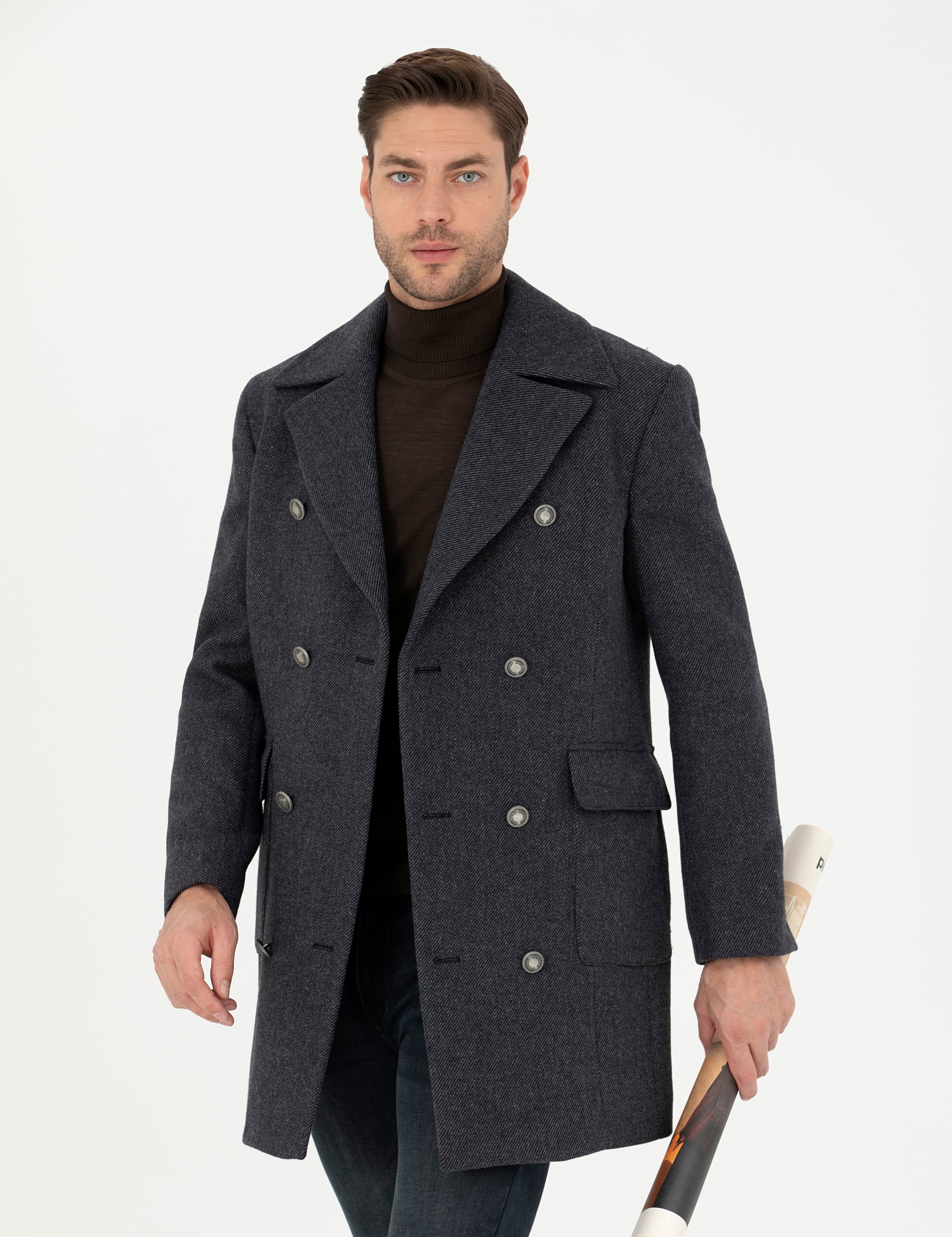 Füme Kruvaze Yaka Slim Fit Metal Düğme Detaylı Palto