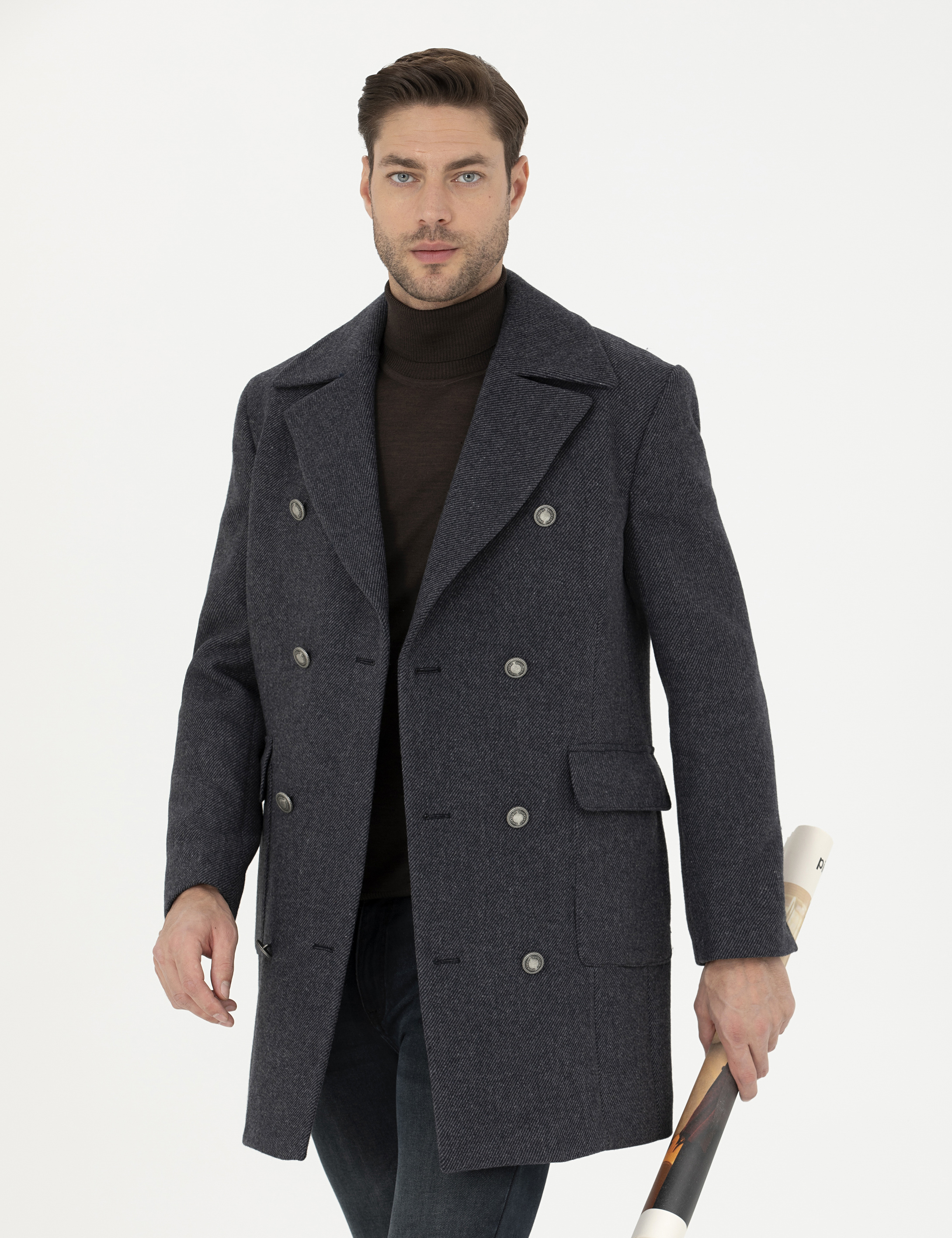 Füme Kruvaze Yaka Slim Fit Metal Düğme Detaylı Palto