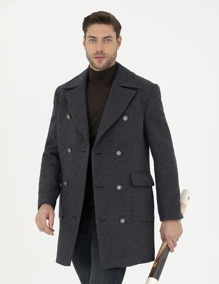 Füme Kruvaze Yaka Slim Fit Metal Düğme Detaylı Palto - 50284098002