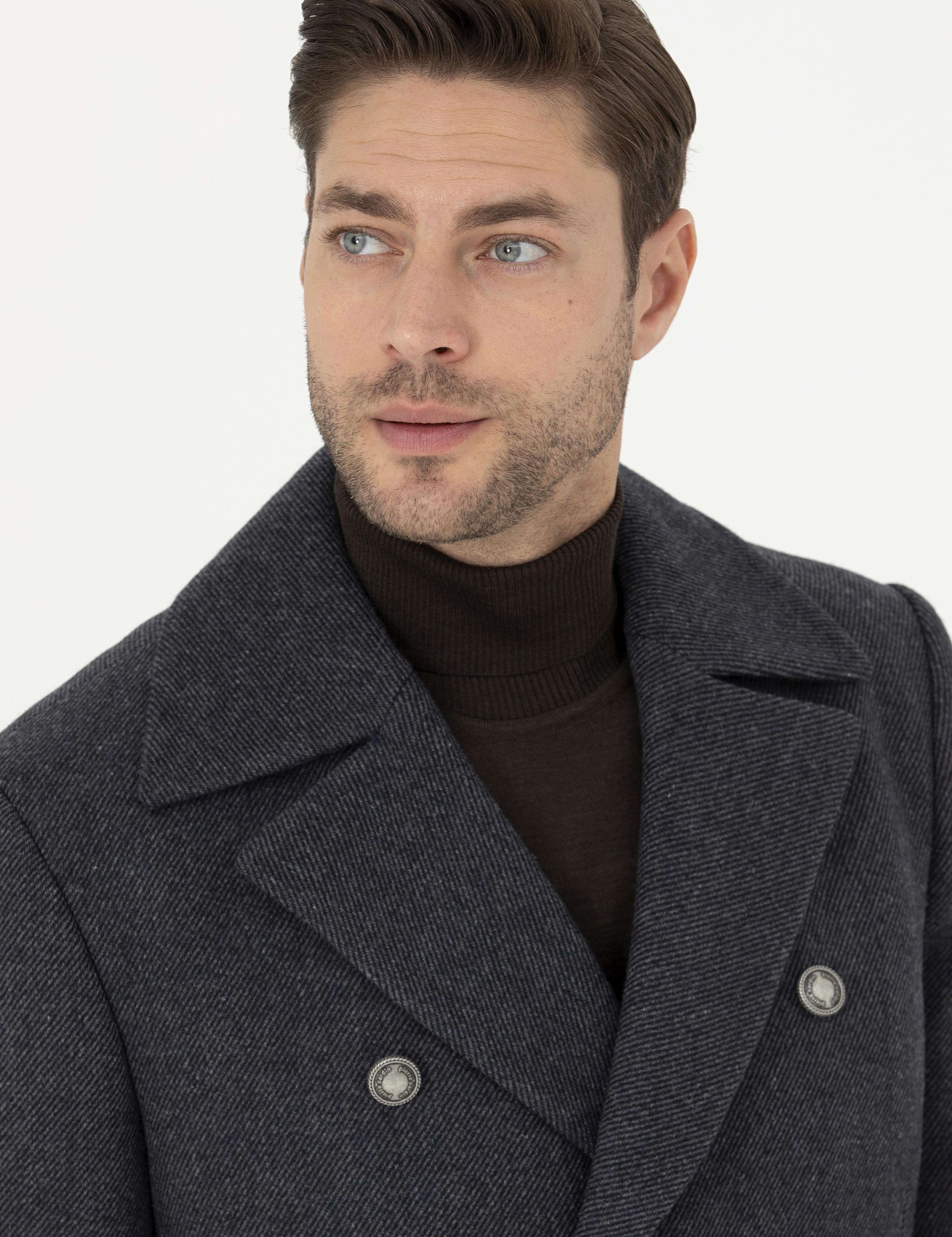 Füme Kruvaze Yaka Slim Fit Metal Düğme Detaylı Palto