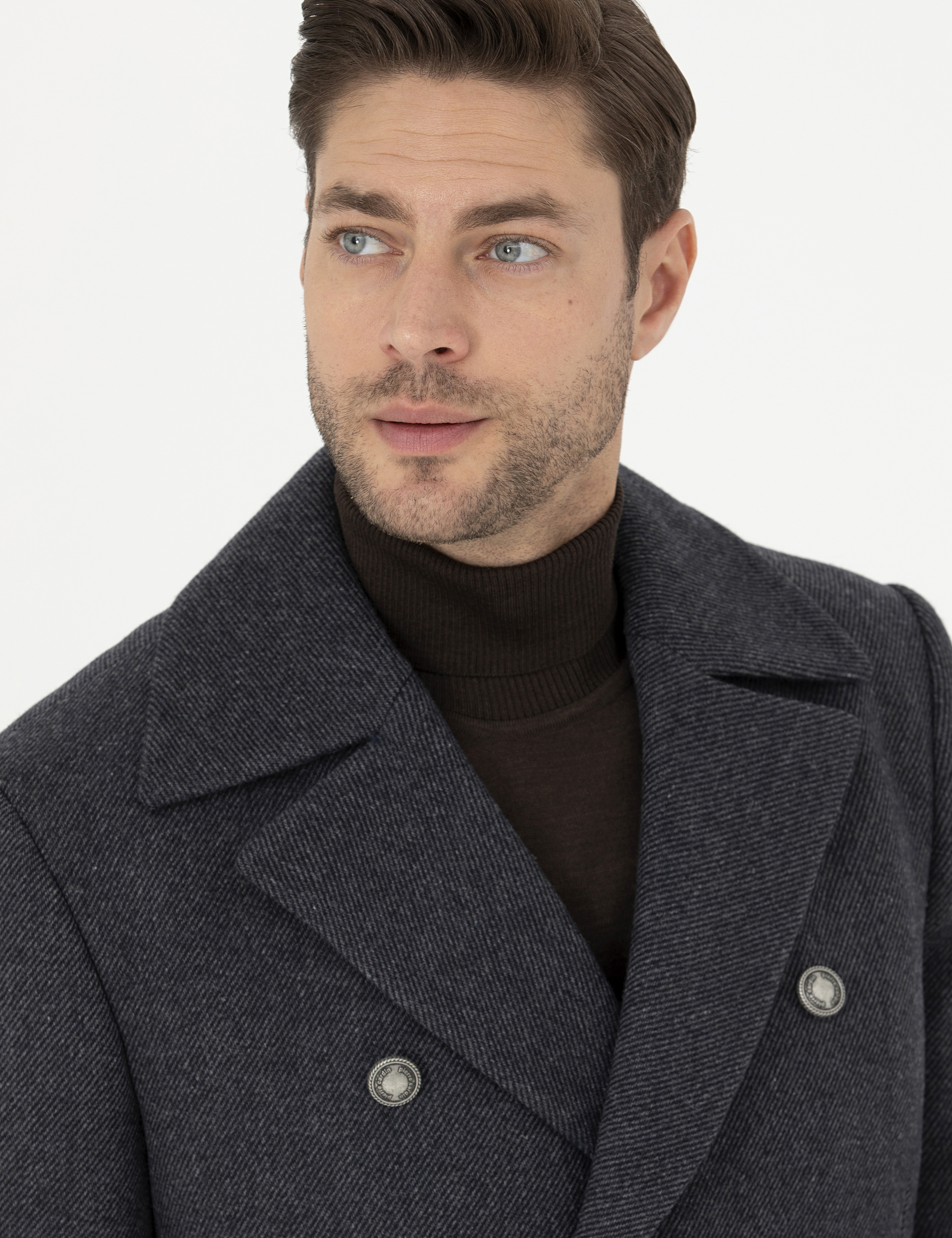 Füme Kruvaze Yaka Slim Fit Metal Düğme Detaylı Palto - Image 2
