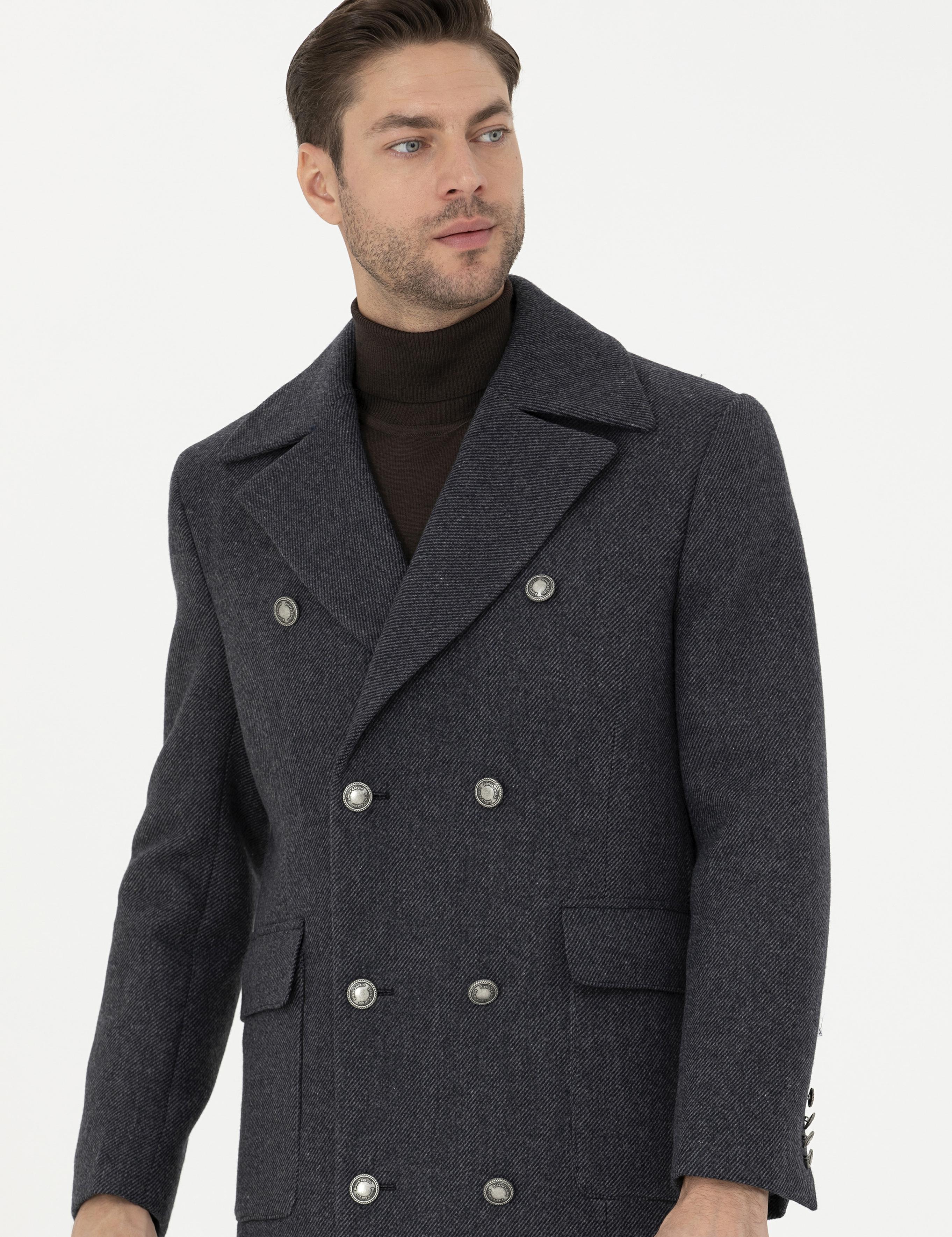 Füme Kruvaze Yaka Slim Fit Metal Düğme Detaylı Palto