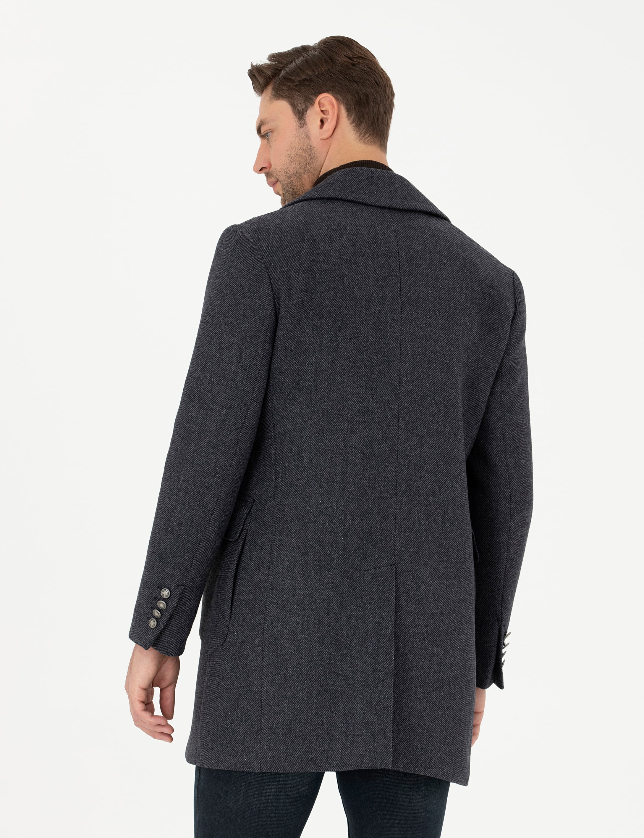 Füme Kruvaze Yaka Slim Fit Metal Düğme Detaylı Palto - Image 5