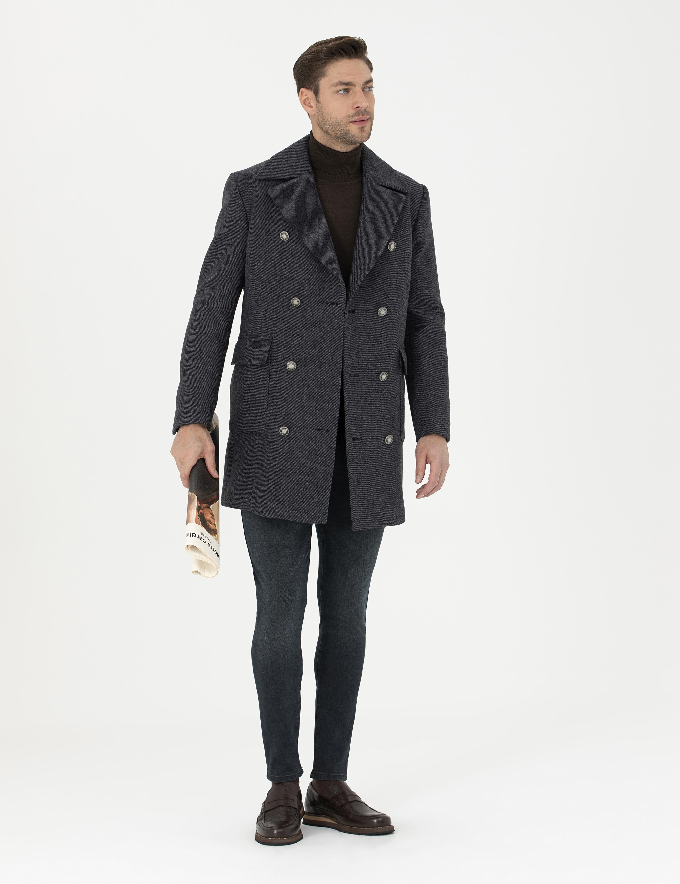 Füme Kruvaze Yaka Slim Fit Metal Düğme Detaylı Palto