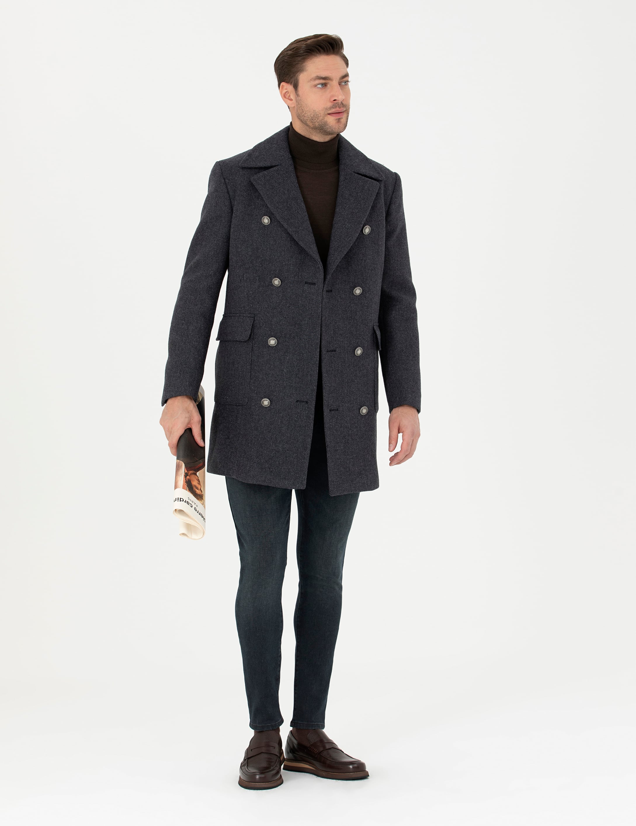 Füme Kruvaze Yaka Slim Fit Metal Düğme Detaylı Palto