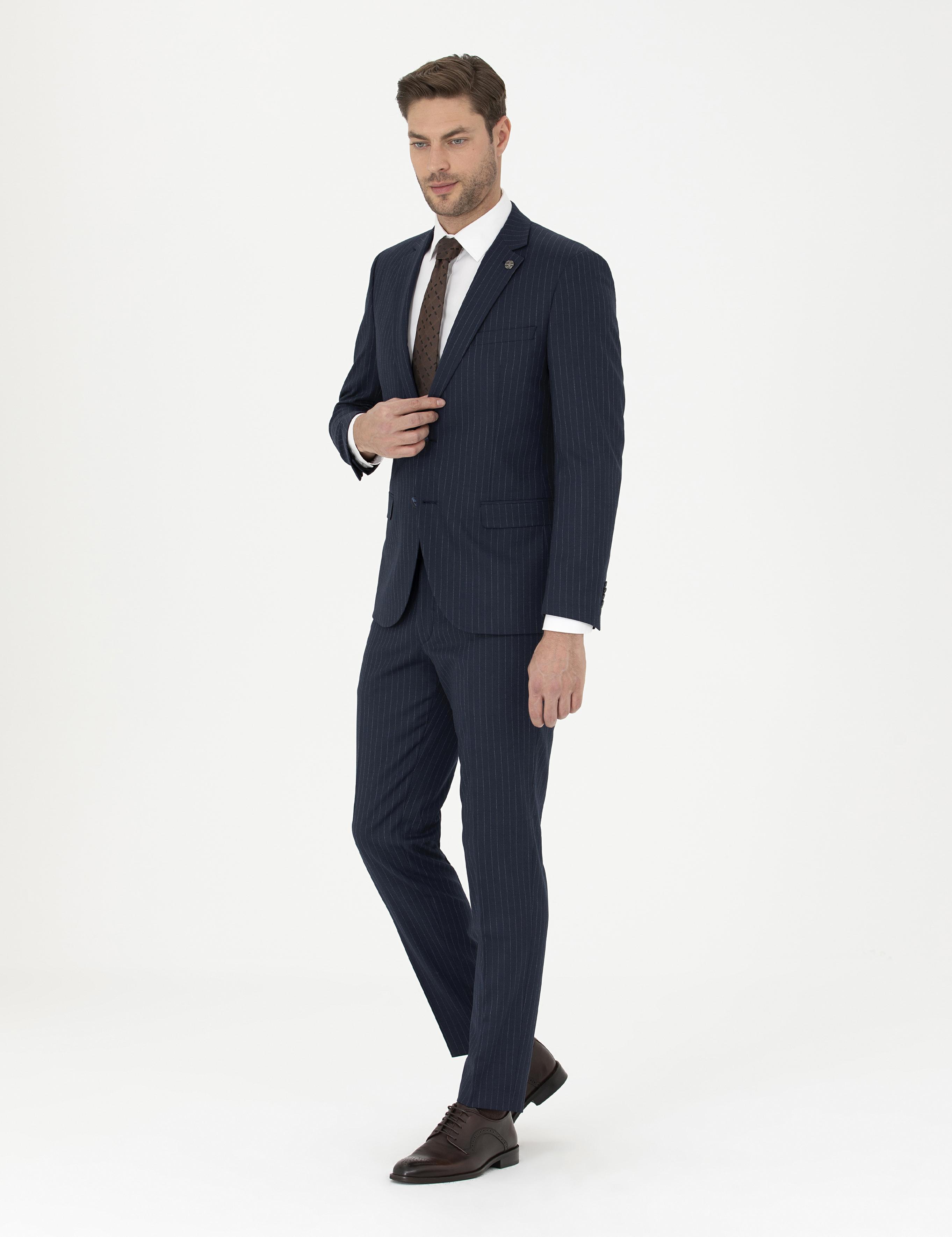 Lacivert Ekstra Slim Fit Çizgili Takım Elbise