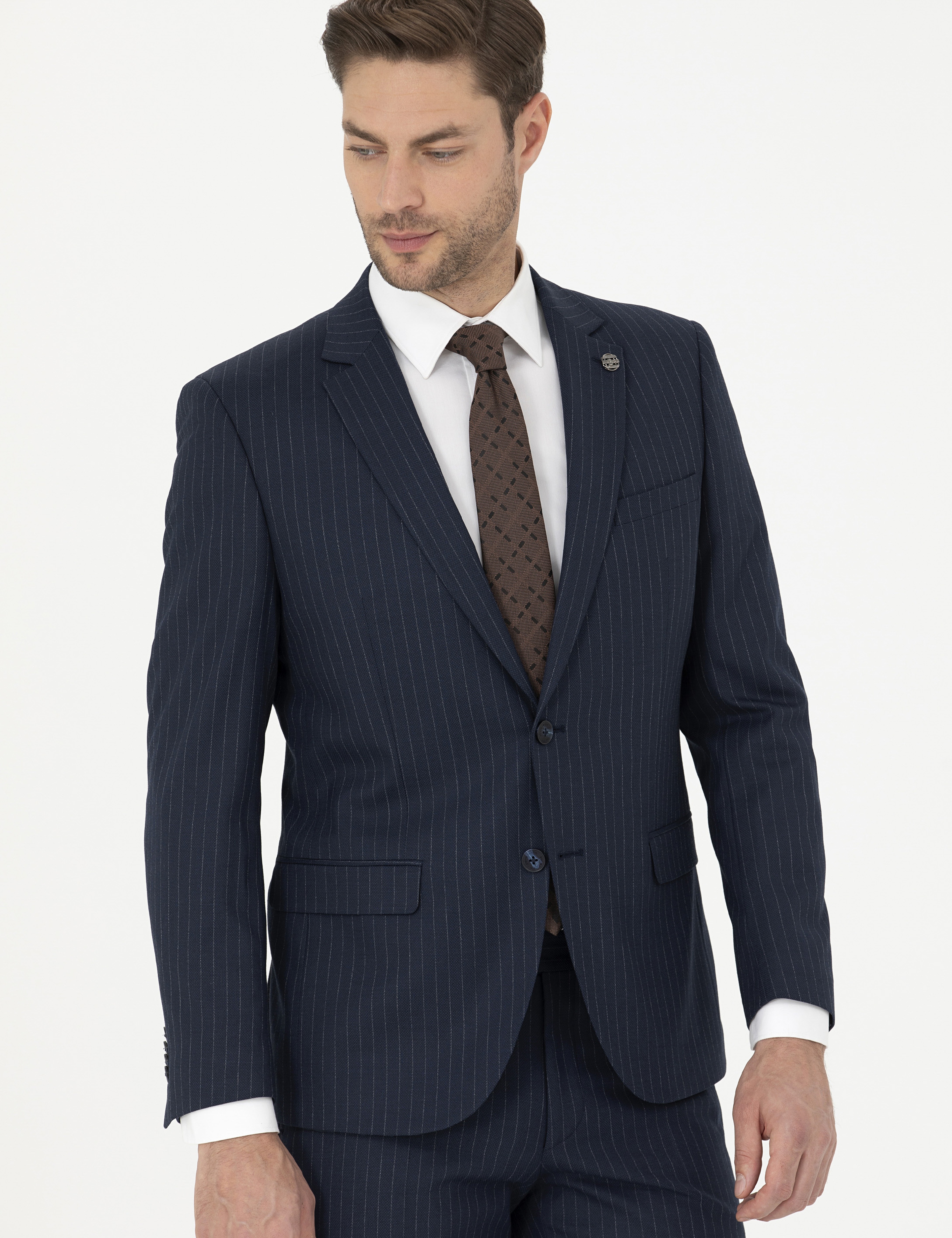 Lacivert Ekstra Slim Fit Çizgili Takım Elbise - Image 2