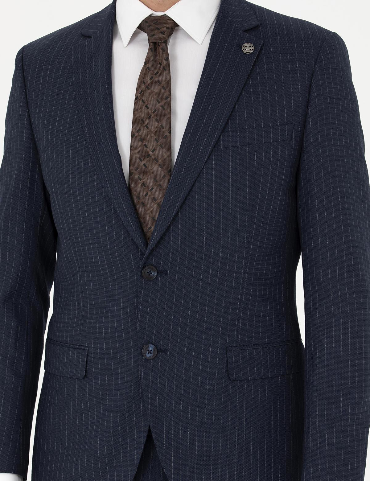 Lacivert Ekstra Slim Fit Çizgili Takım Elbise - 50277165005