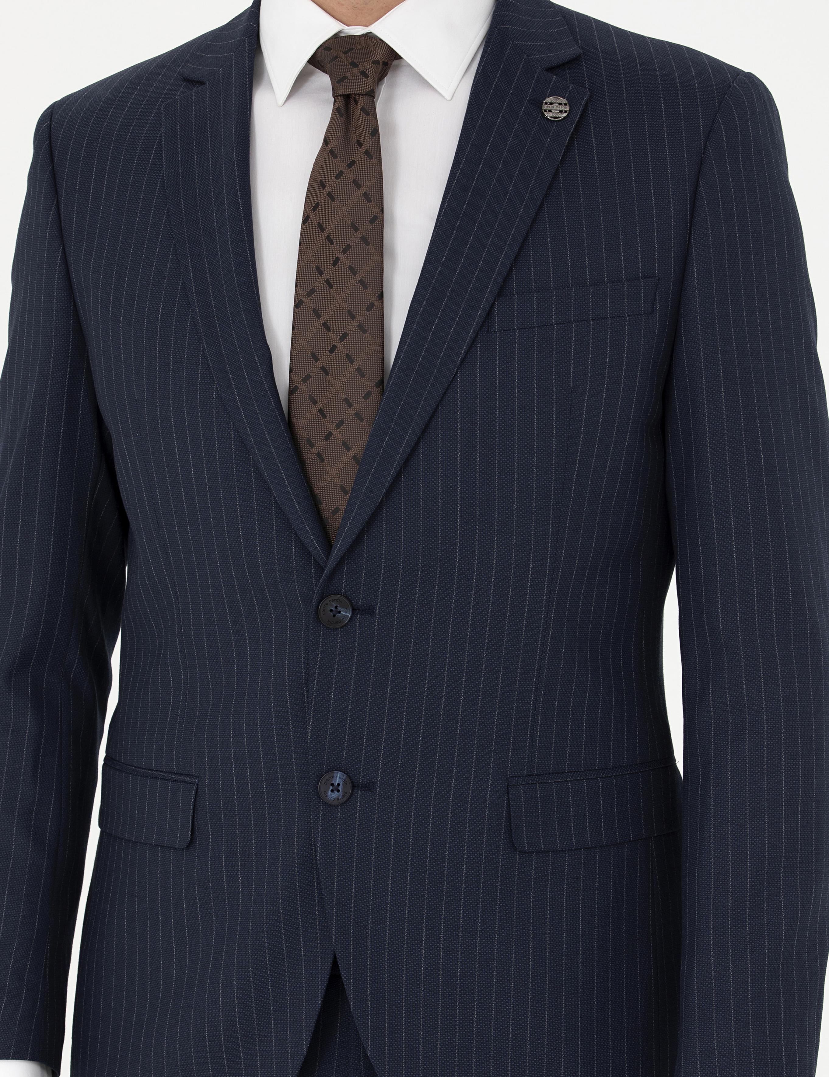 Lacivert Ekstra Slim Fit Çizgili Takım Elbise