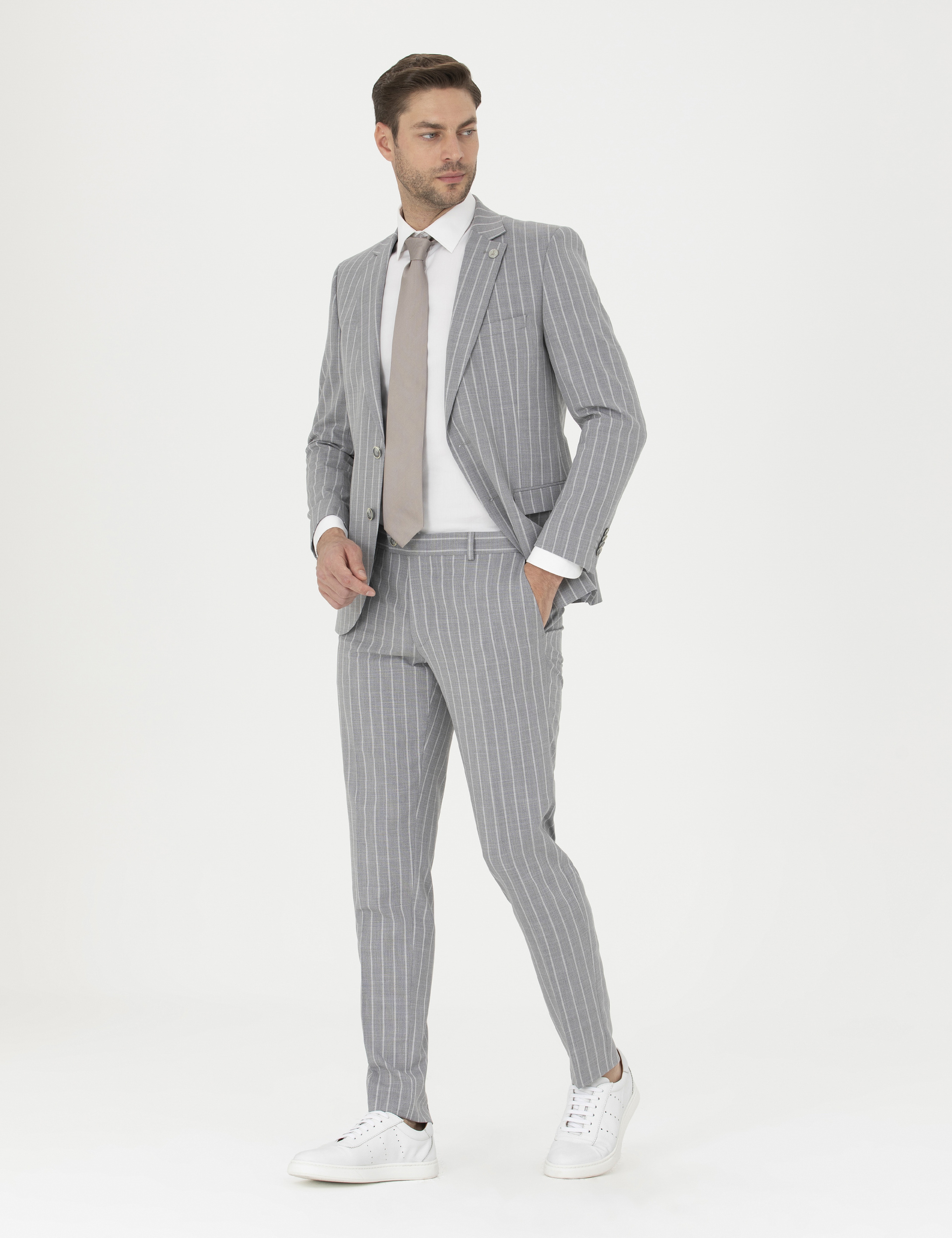 Gri Extra Slim Fit Çizgili Yün Karışımlı Takım Elbise - Image 4