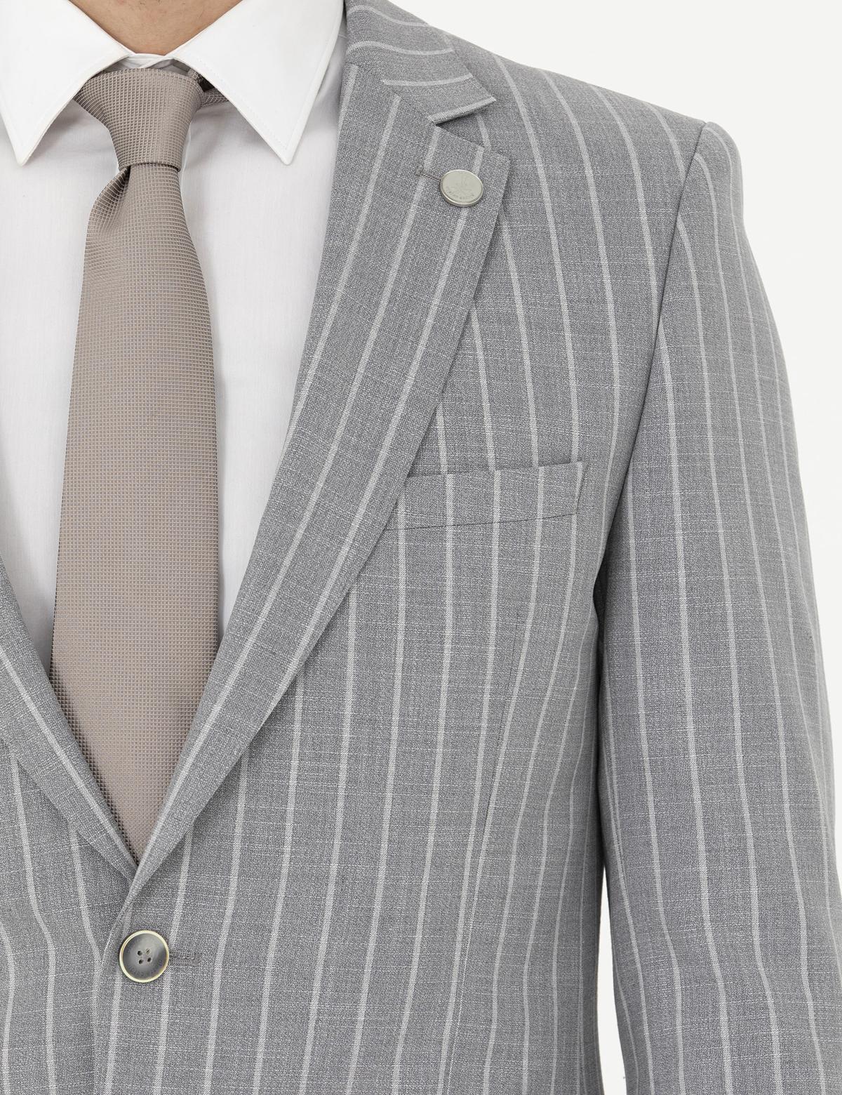 Gri Ex. Slim Fit Çizgili Yün Karışımlı Takım Elbise - 50285262014