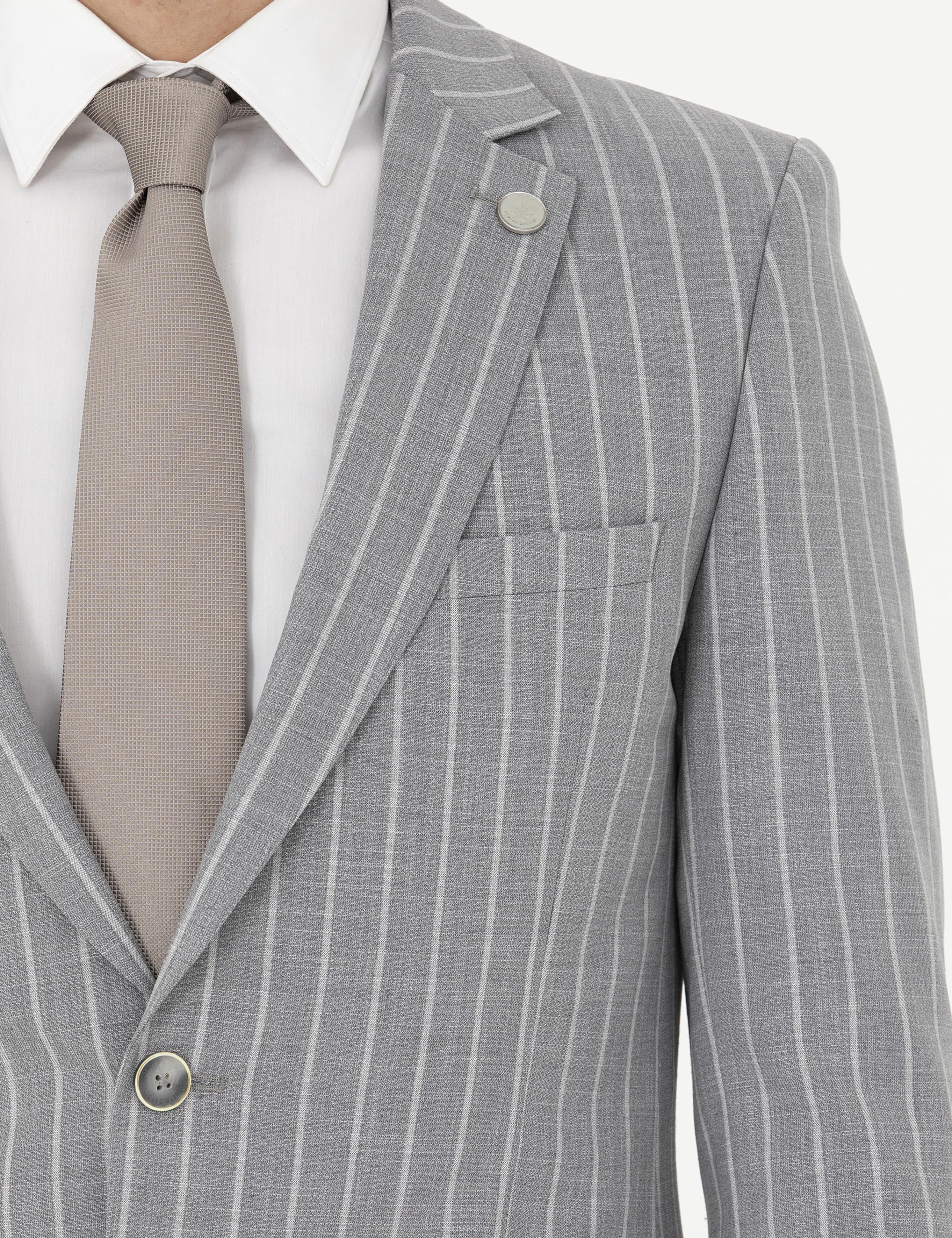 Gri Ex. Slim Fit Çizgili Yün Karışımlı Takım Elbise