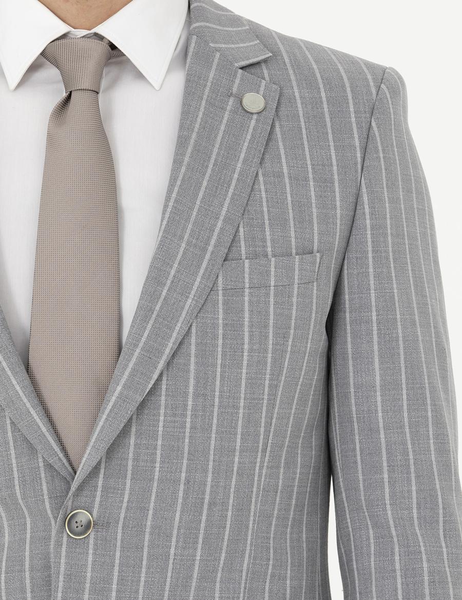 Gri Ex. Slim Fit Çizgili Yün Karışımlı Takım Elbise