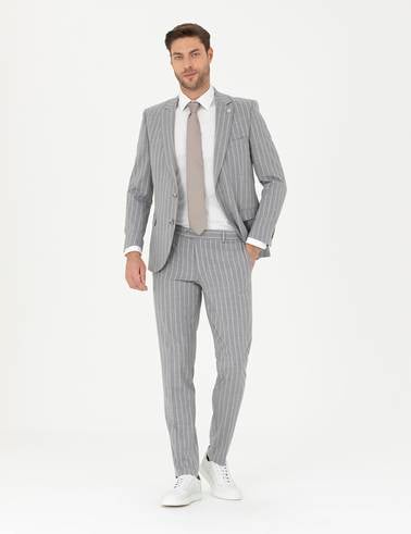 Gri Ex. Slim Fit Çizgili Yün Karışımlı Takım Elbise