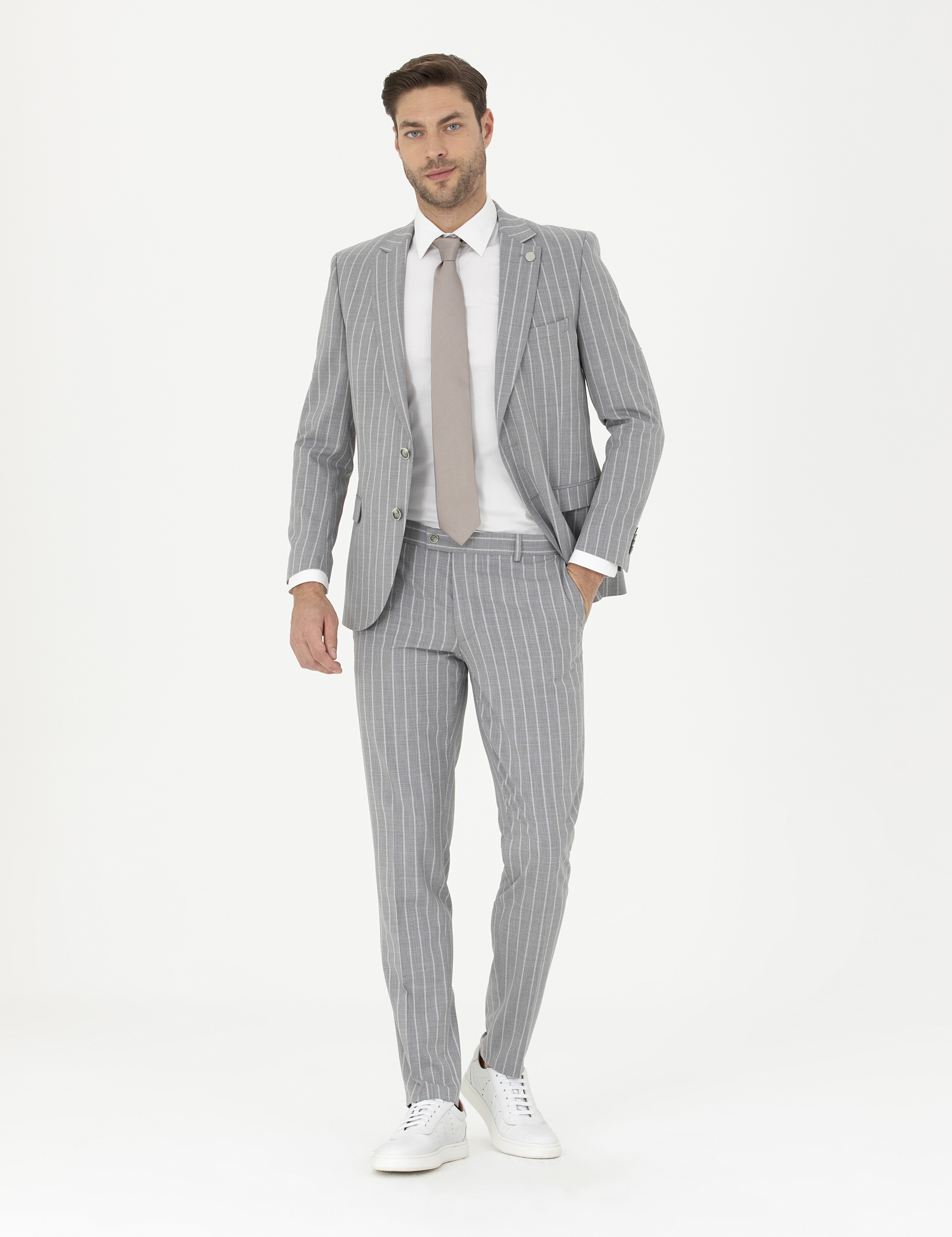 Gri Extra Slim Fit Çizgili Yün Karışımlı Takım Elbise - Image 1