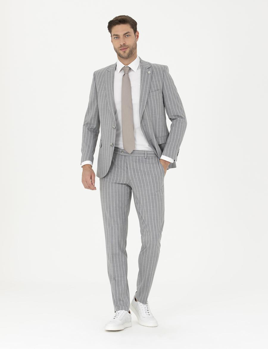 Gri Ex. Slim Fit Çizgili Yün Karışımlı Takım Elbise