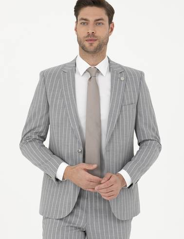 Gri Ex. Slim Fit Çizgili Yün Karışımlı Takım Elbise
