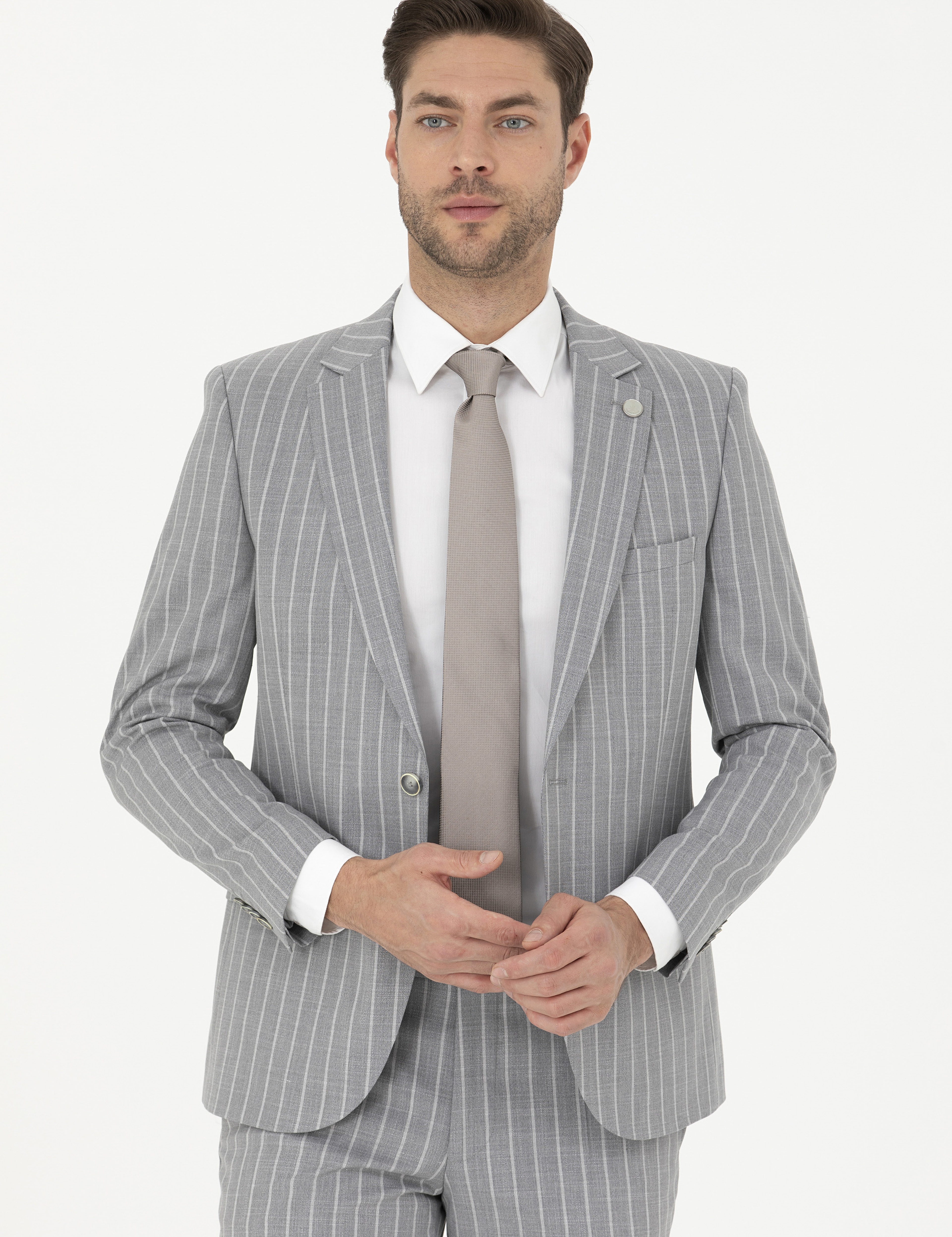 Gri Extra Slim Fit Çizgili Yün Karışımlı Takım Elbise - Image 2