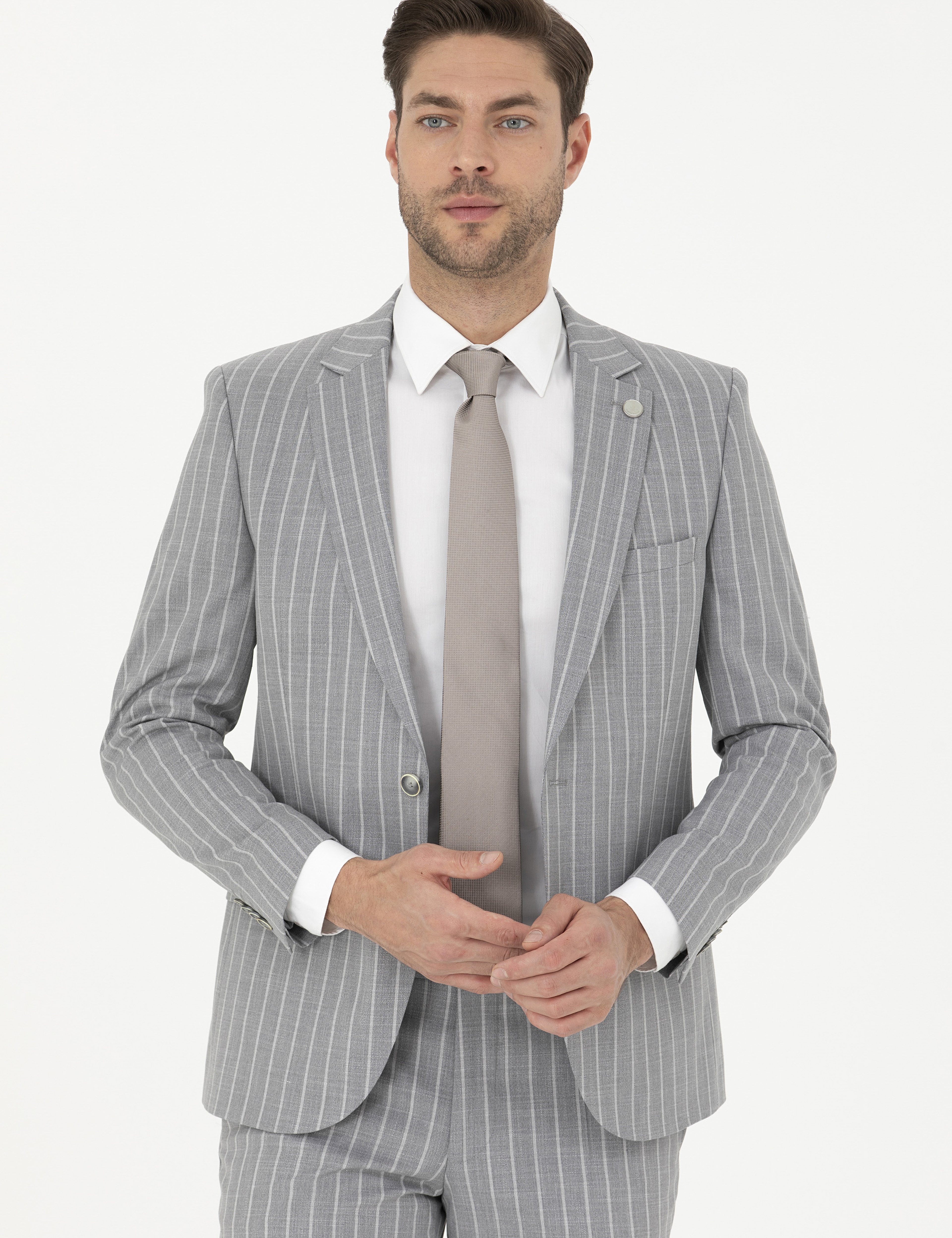 Gri Extra Slim Fit Çizgili Yün Karışımlı Takım Elbise