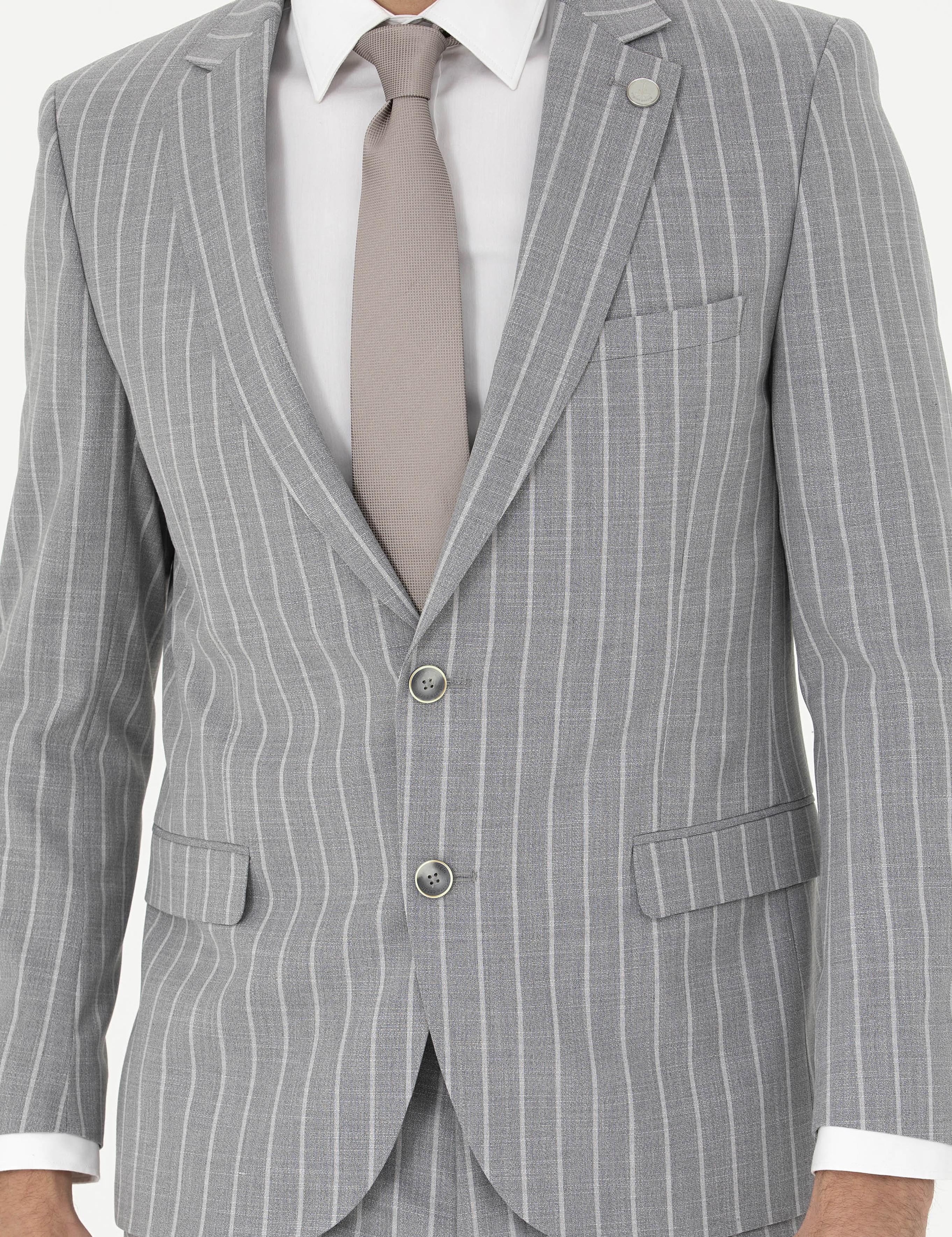 Gri Ex. Slim Fit Çizgili Yün Karışımlı Takım Elbise