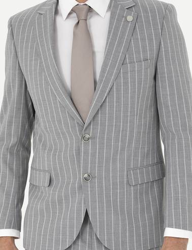 Gri Ex. Slim Fit Çizgili Yün Karışımlı Takım Elbise