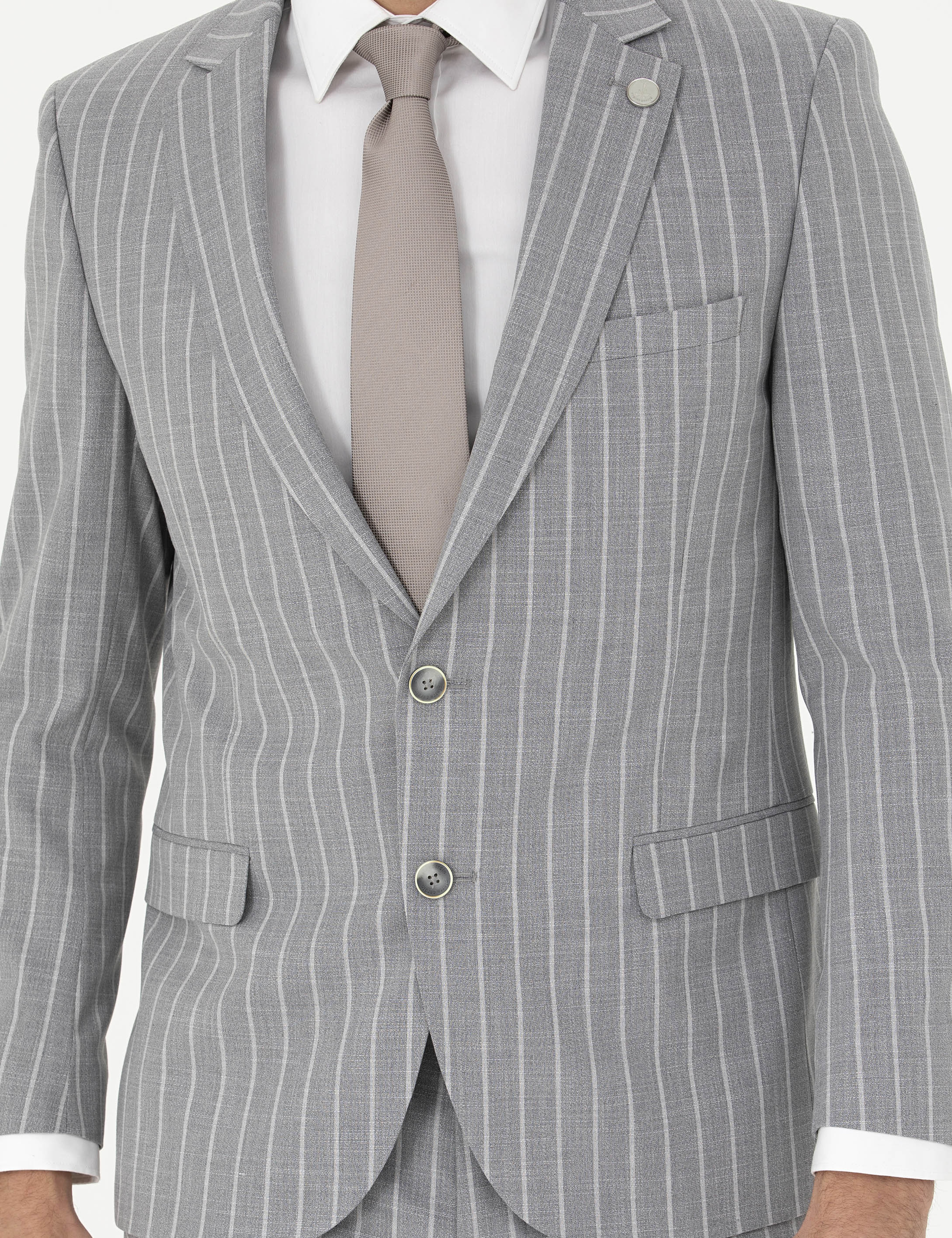 Gri Extra Slim Fit Çizgili Yün Karışımlı Takım Elbise - Image 6