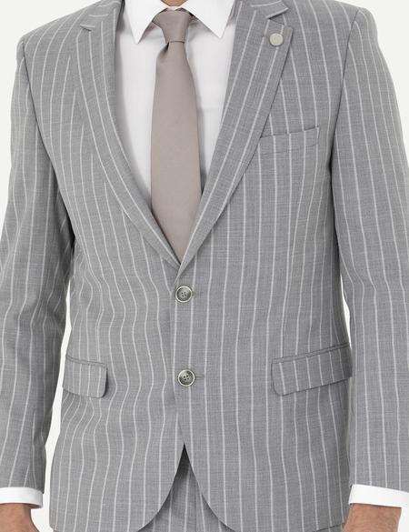 Gri Ex. Slim Fit Çizgili Yün Karışımlı Takım Elbise - 50285262014