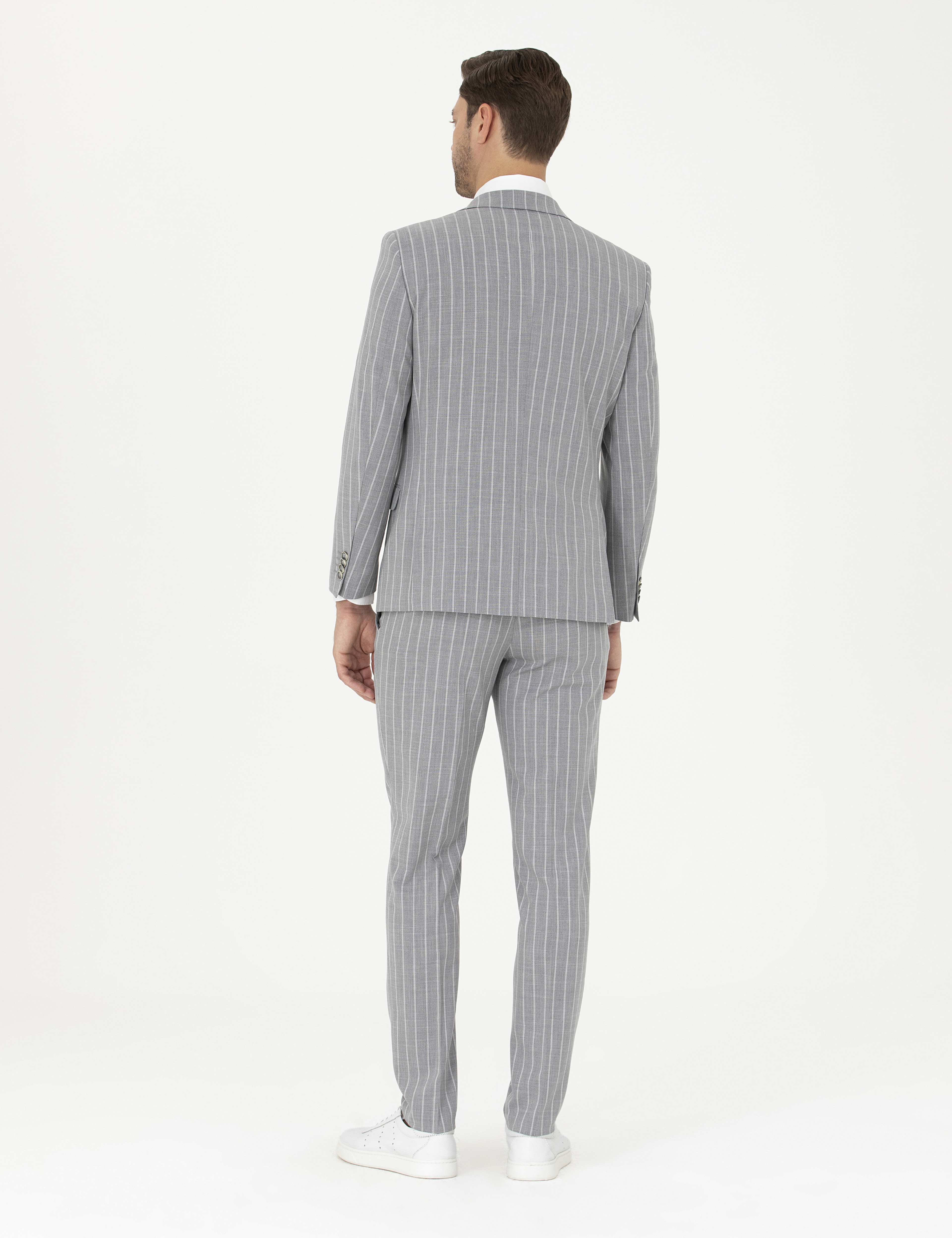 Gri Extra Slim Fit Çizgili Yün Karışımlı Takım Elbise - Image 5
