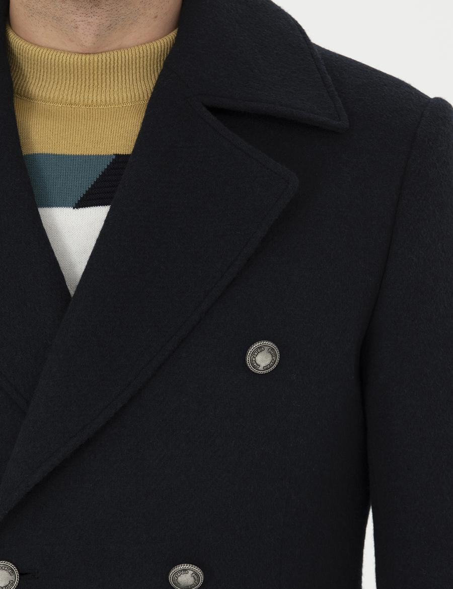 Lacivert Slim Fit Kaşe Kaban