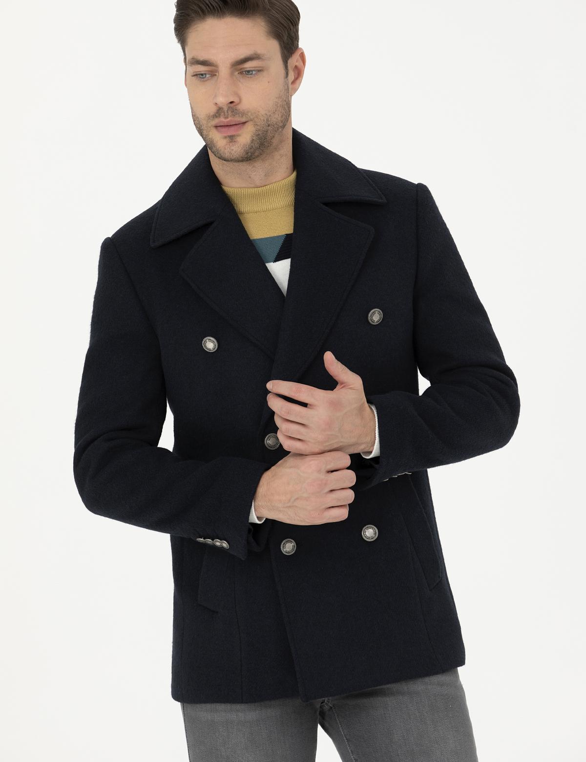 Lacivert Slim Fit Kaşe Kaban - 50284097017