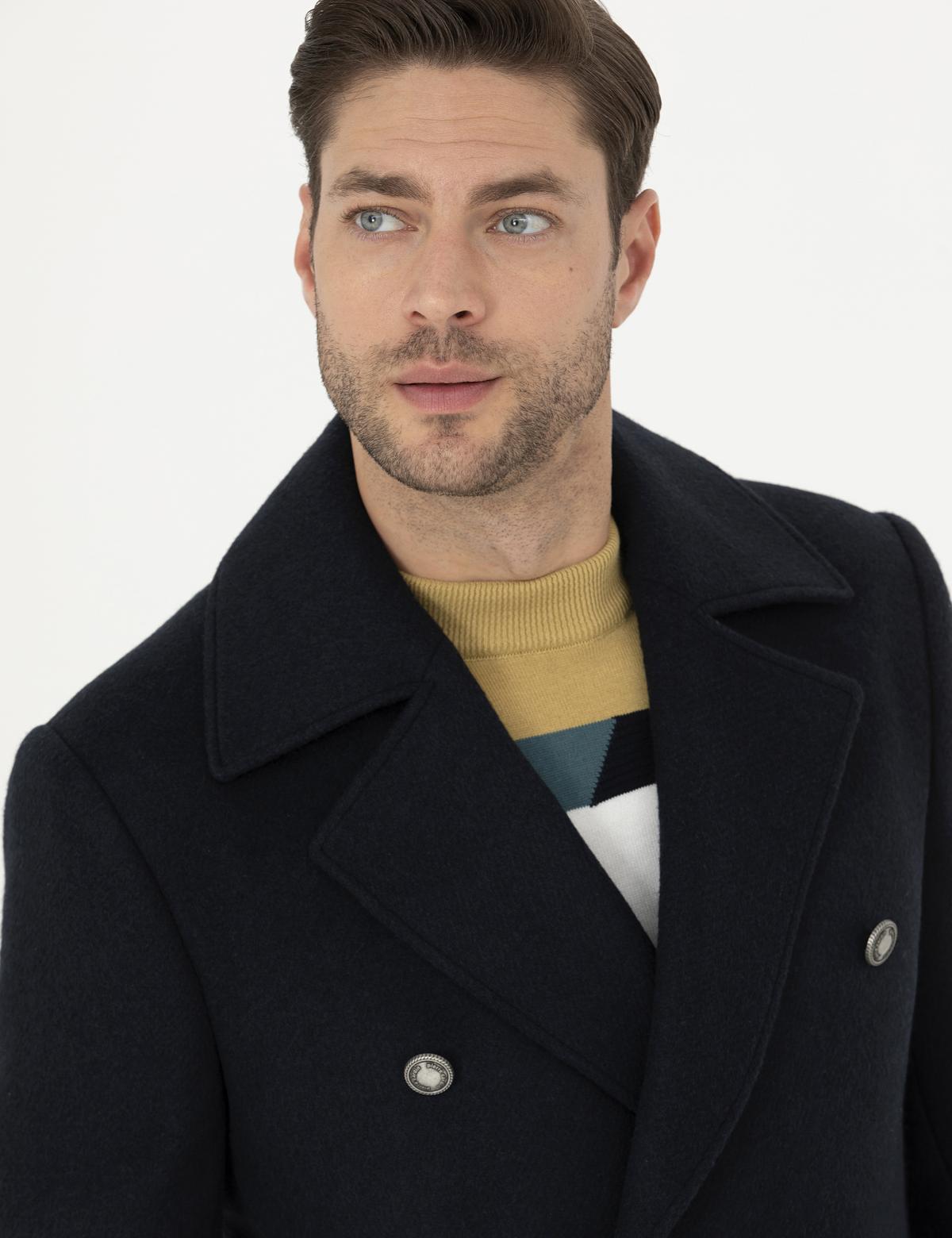 Lacivert Slim Fit Kaşe Kaban - 50284097017