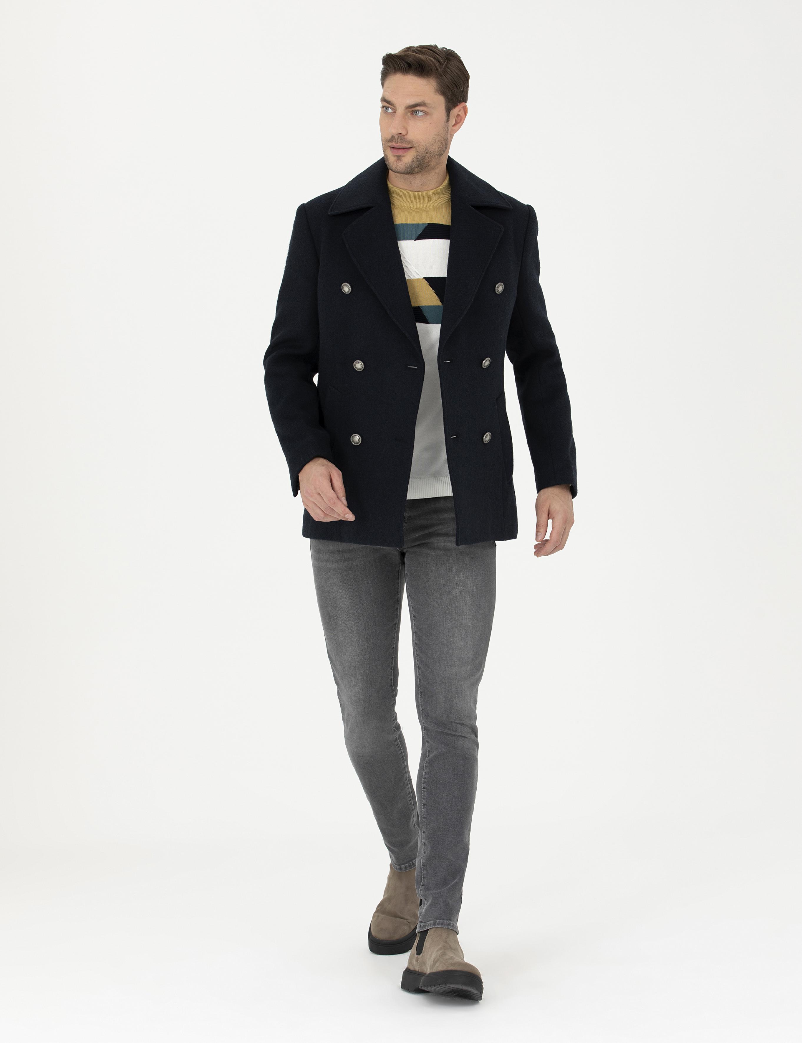 Lacivert Slim Fit Kaşe Kaban