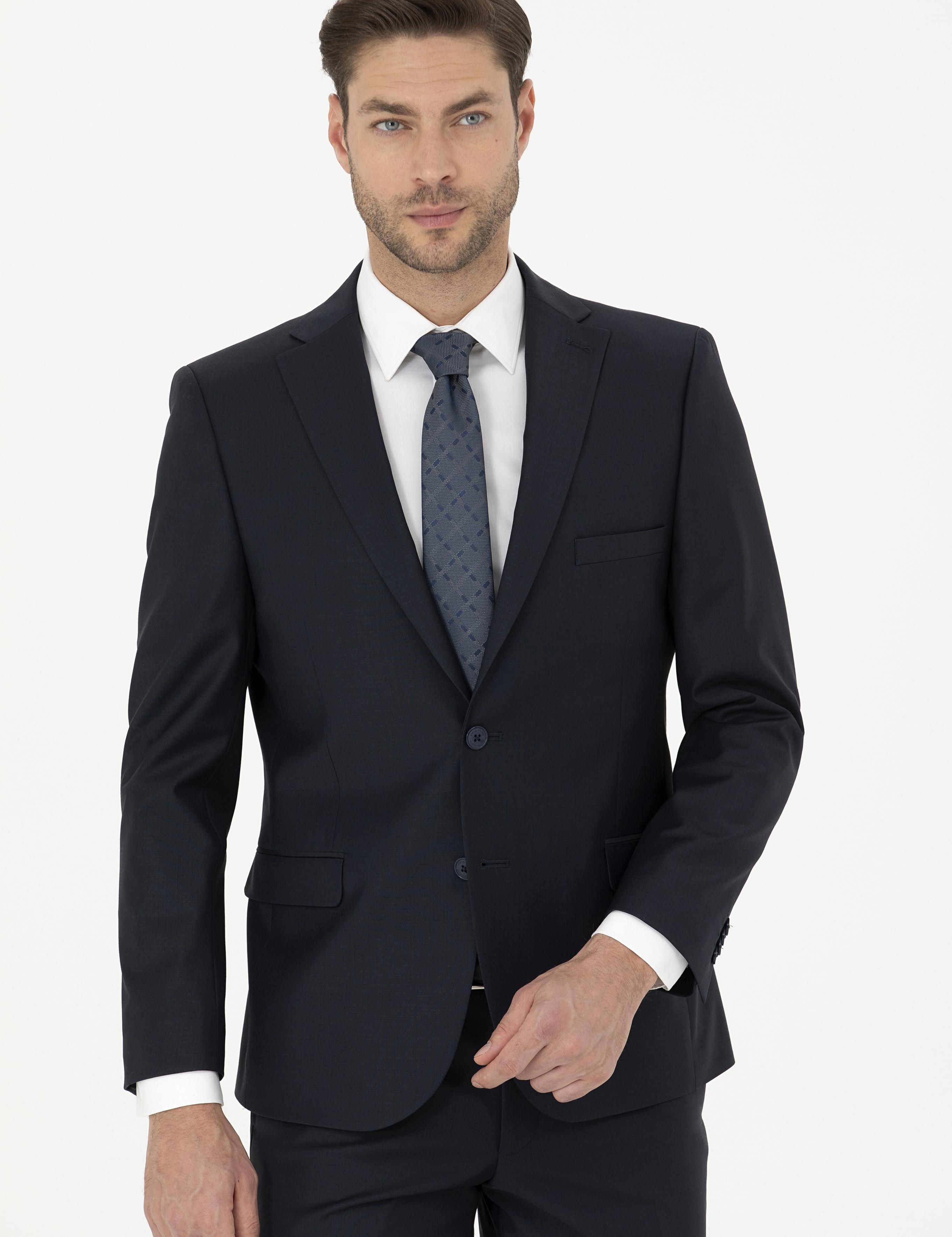 Lacivert Slim Fit Yün Karışımlı Takım Elbise