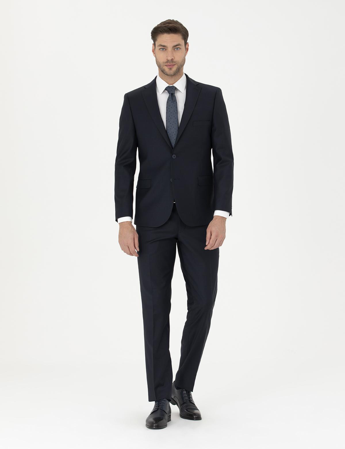 Lacivert Slim Fit Yün Karışımlı Takım Elbise