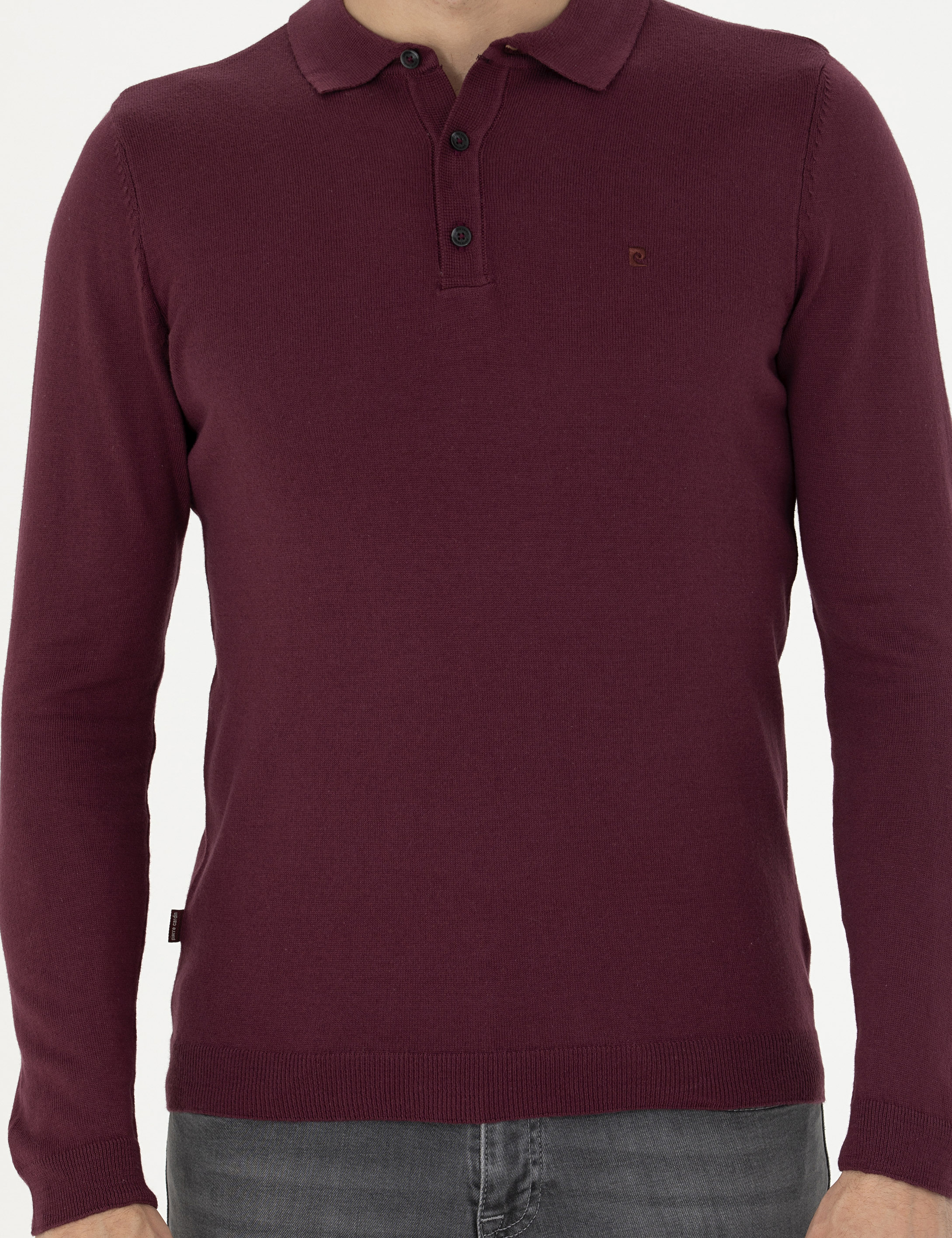 Bordo Slim Fit Polo Yaka Basic Triko Kazak - Image 6