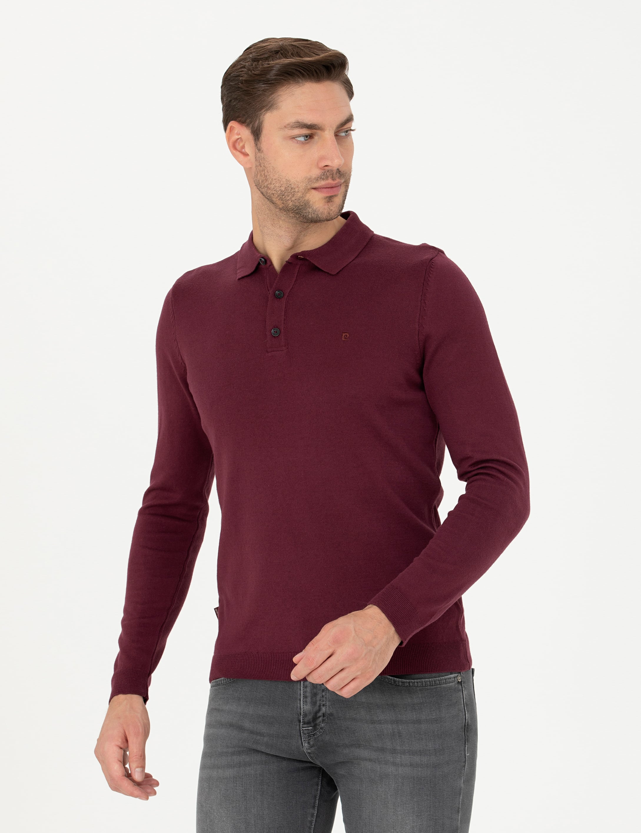 Bordo Slim Fit Polo Yaka Basic Triko Kazak - Image 1