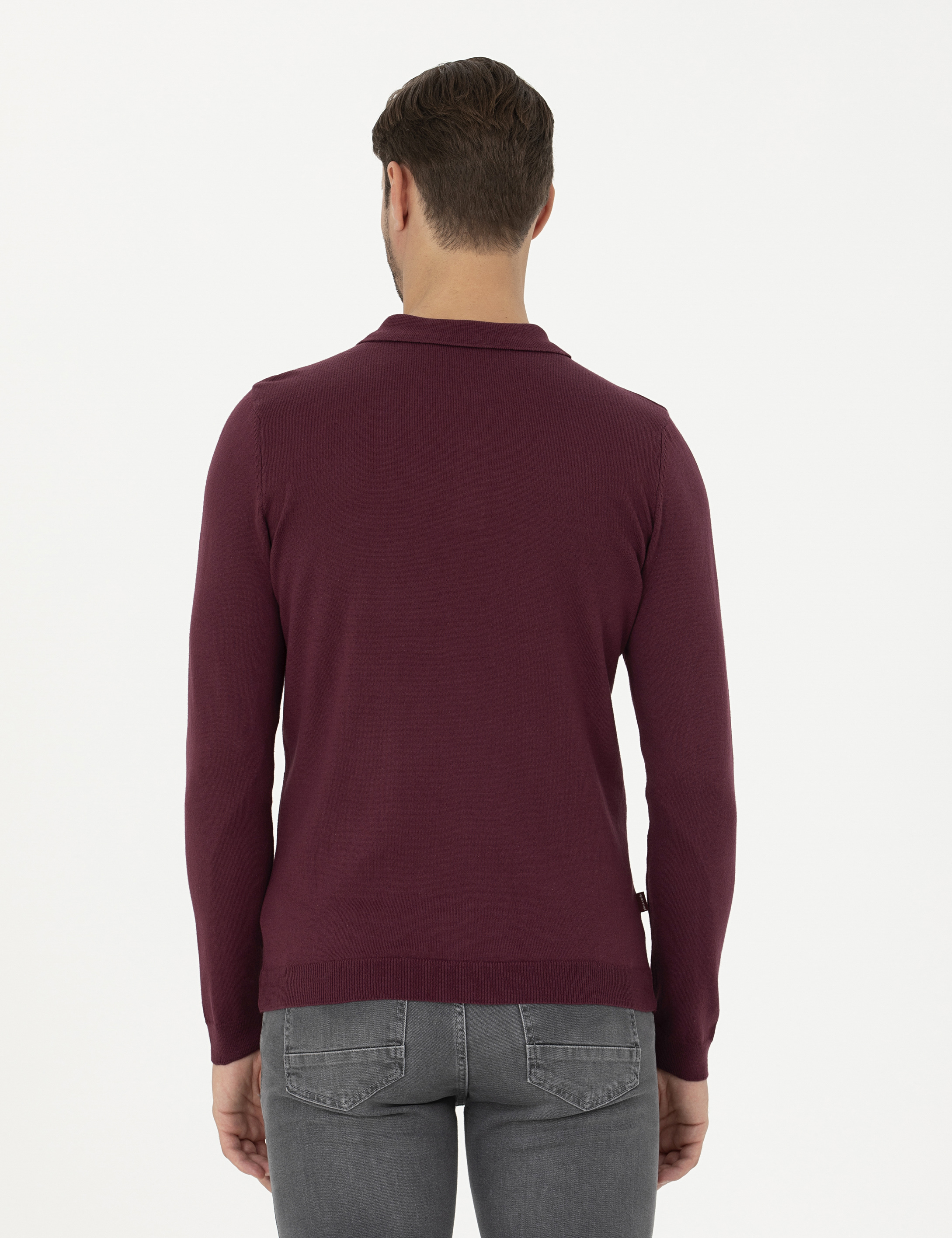 Bordo Slim Fit Polo Yaka Basic Triko Kazak - Image 5