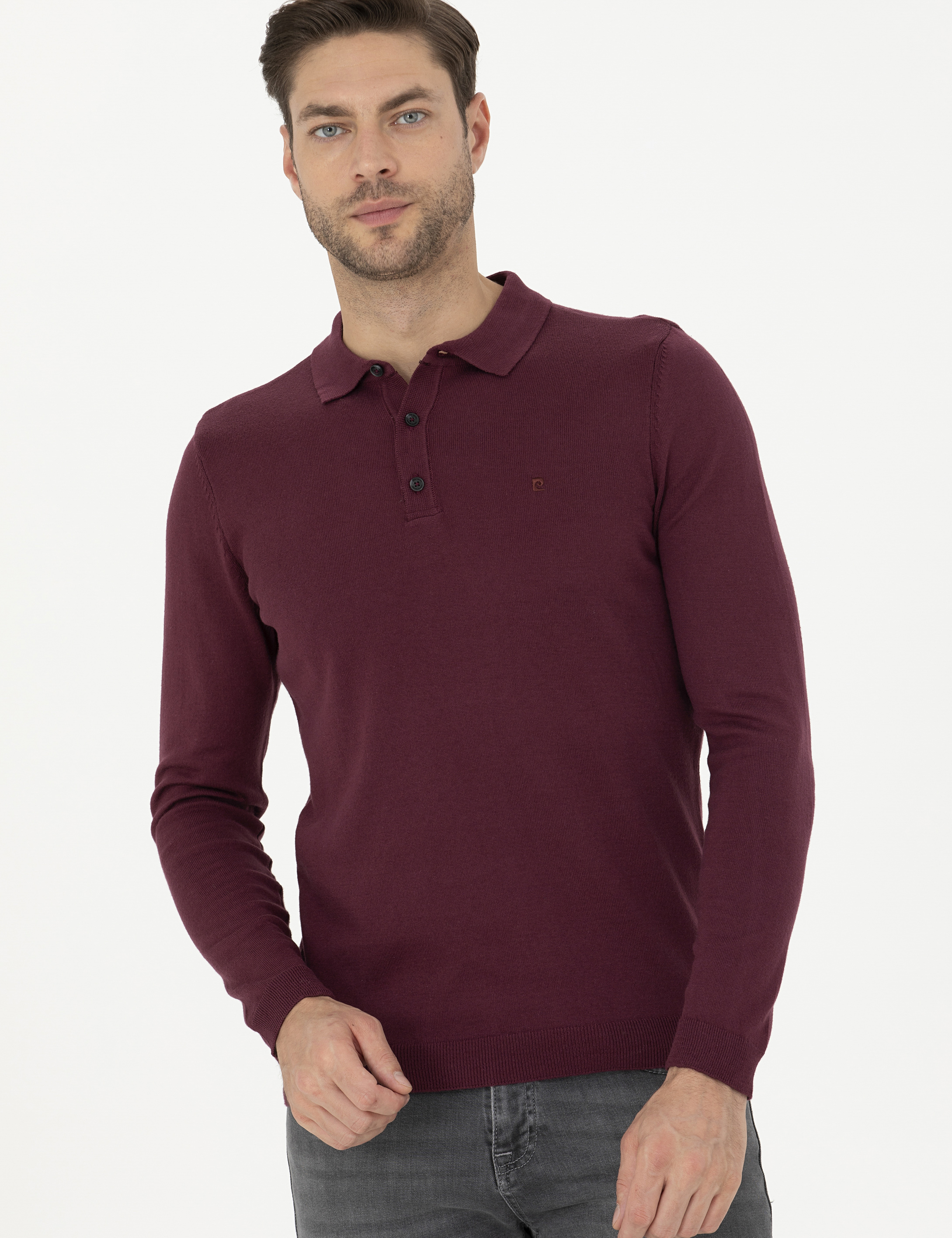 Bordo Slim Fit Polo Yaka Basic Triko Kazak - Image 3