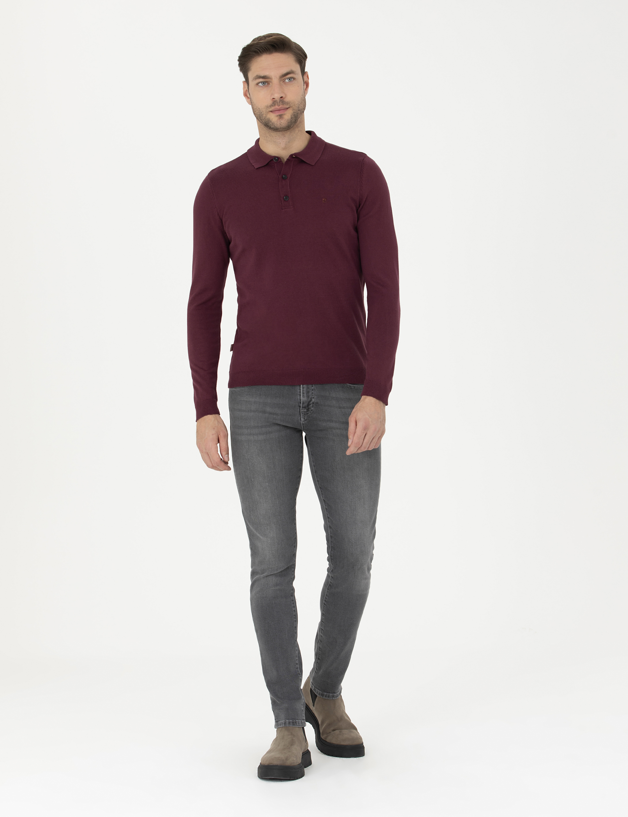 Bordo Slim Fit Polo Yaka Basic Triko Kazak - Image 4
