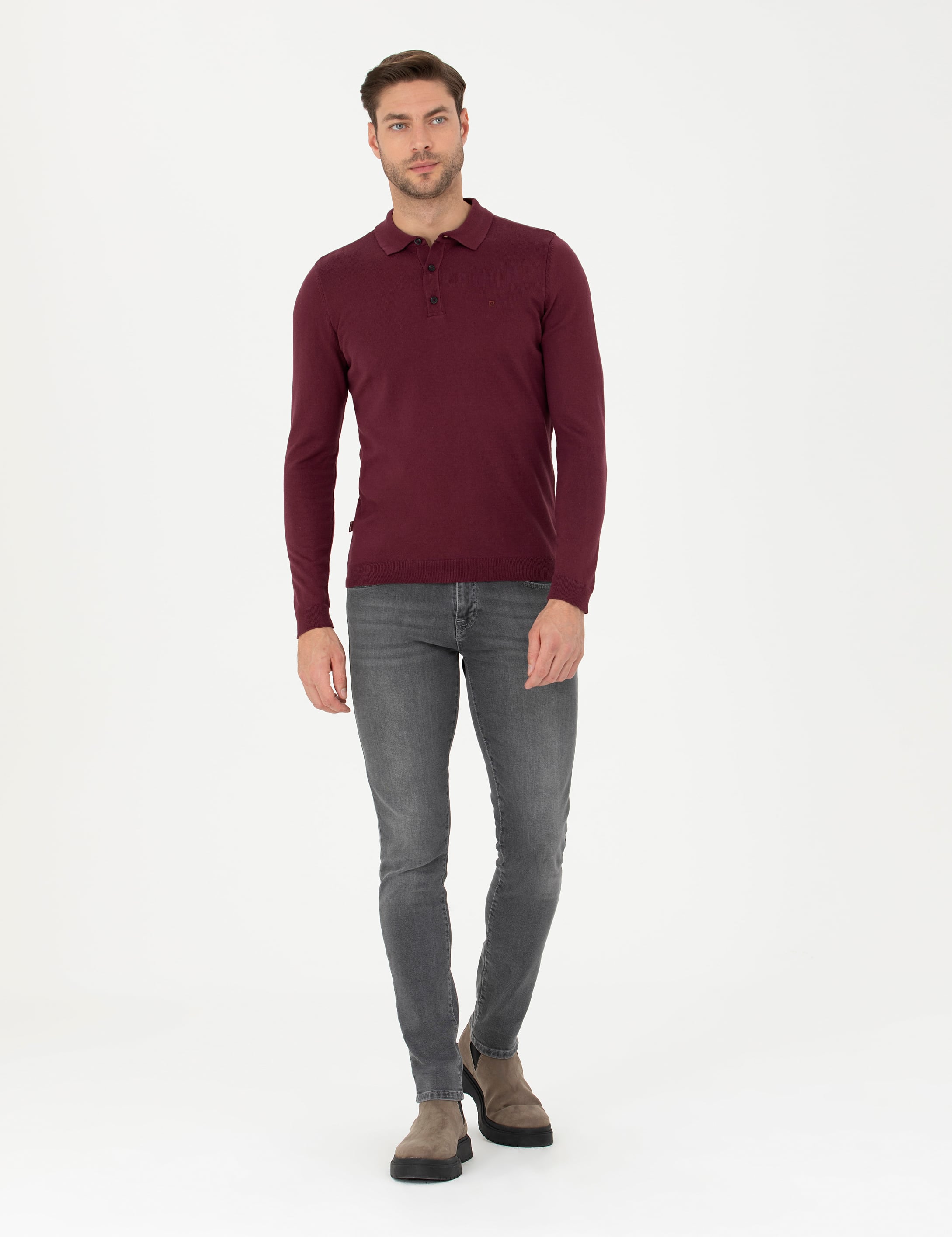 Bordo Slim Fit Polo Yaka Basic Triko Kazak
