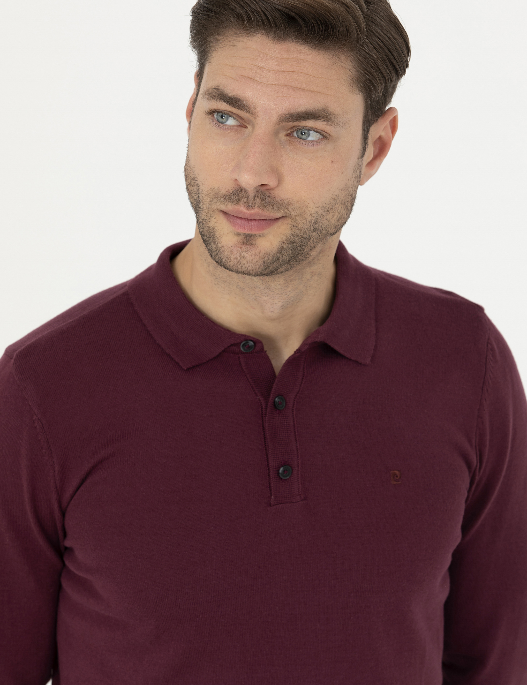 Bordo Slim Fit Polo Yaka Basic Triko Kazak - Image 2