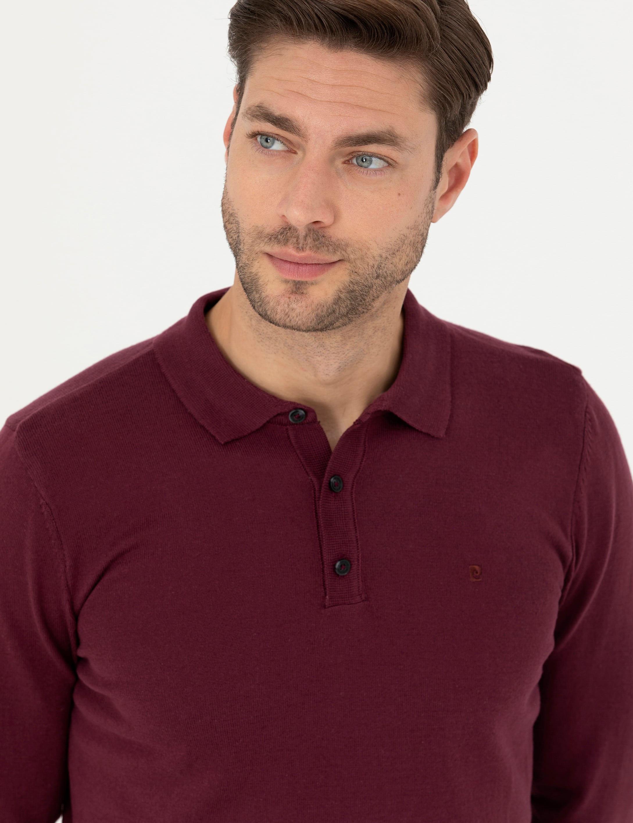 Bordo Slim Fit Polo Yaka Basic Triko Kazak