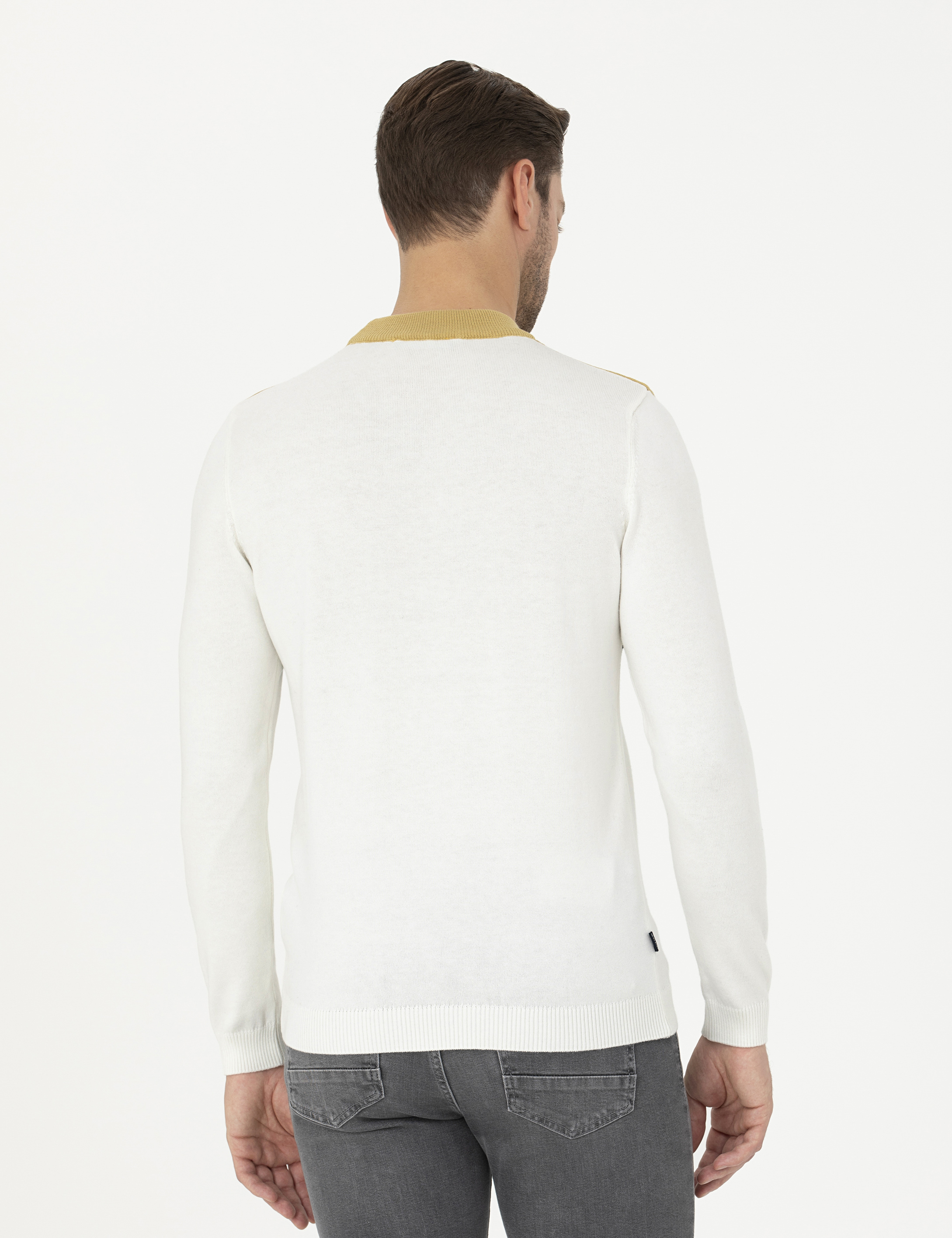 Ekru Slim Fit Yarım Balıkçı Yaka Triko Kazak - Image 5