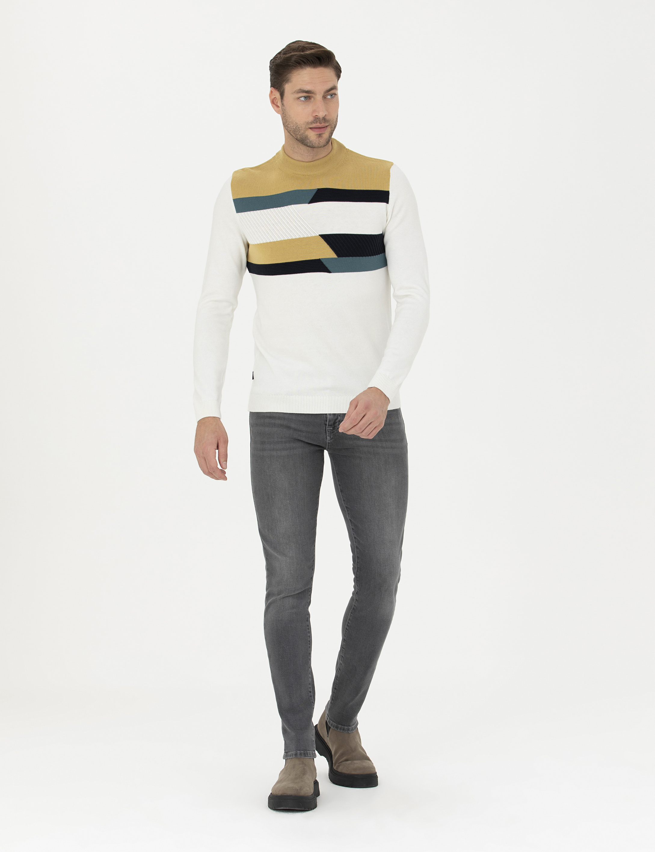 Ekru Slim Fit Yarım Balıkçı Yaka Triko Kazak - Image 4