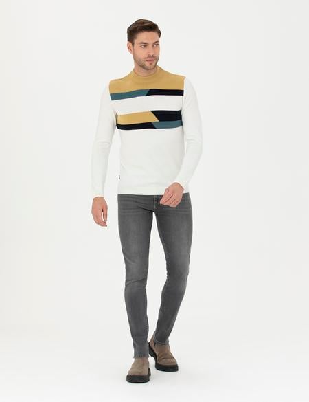 Ekru Slim Fit Yarım Balıkçı Yaka Triko Kazak - 50278121008