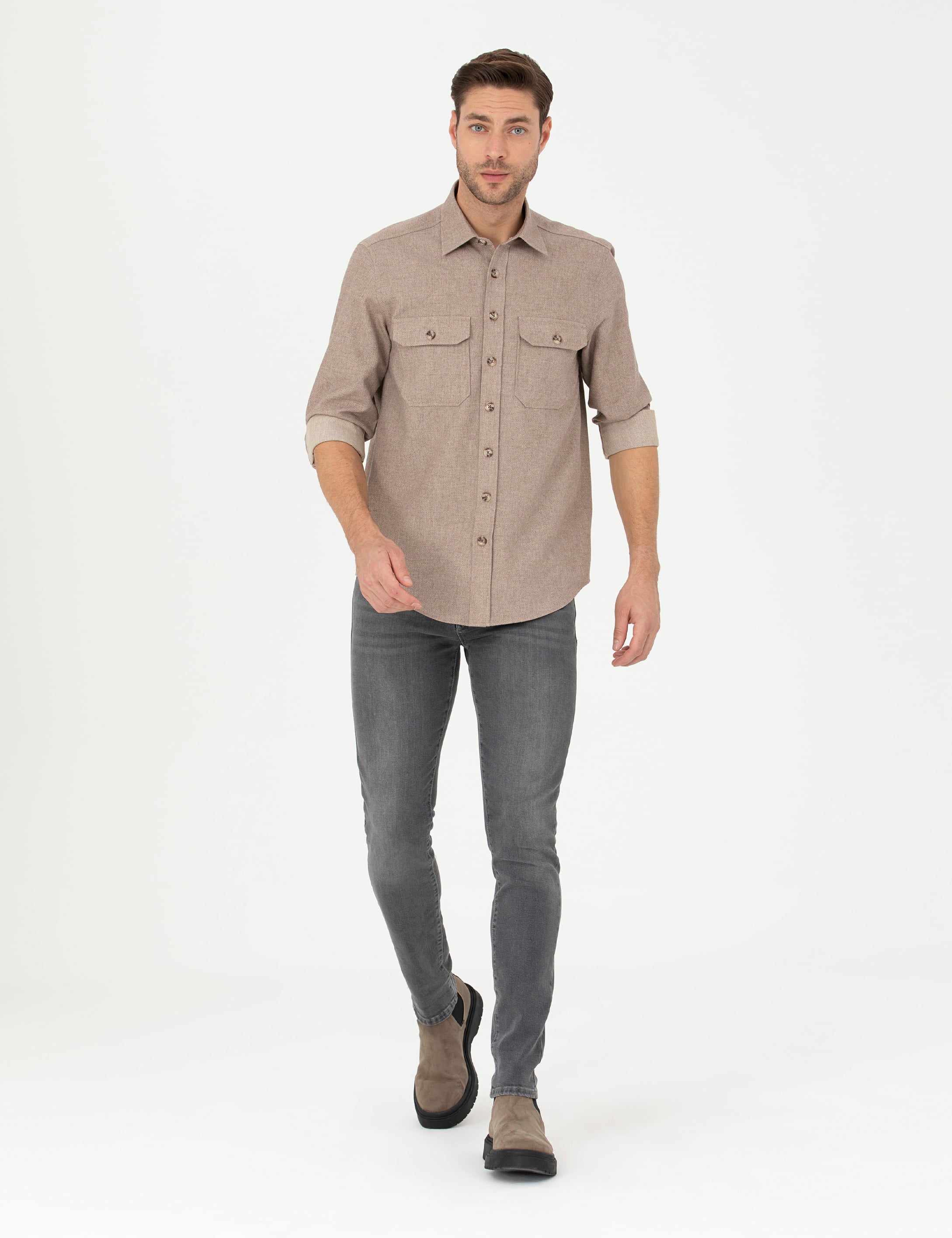 Bej Regular Fit Uzun Kollu Gömlek - Image 4