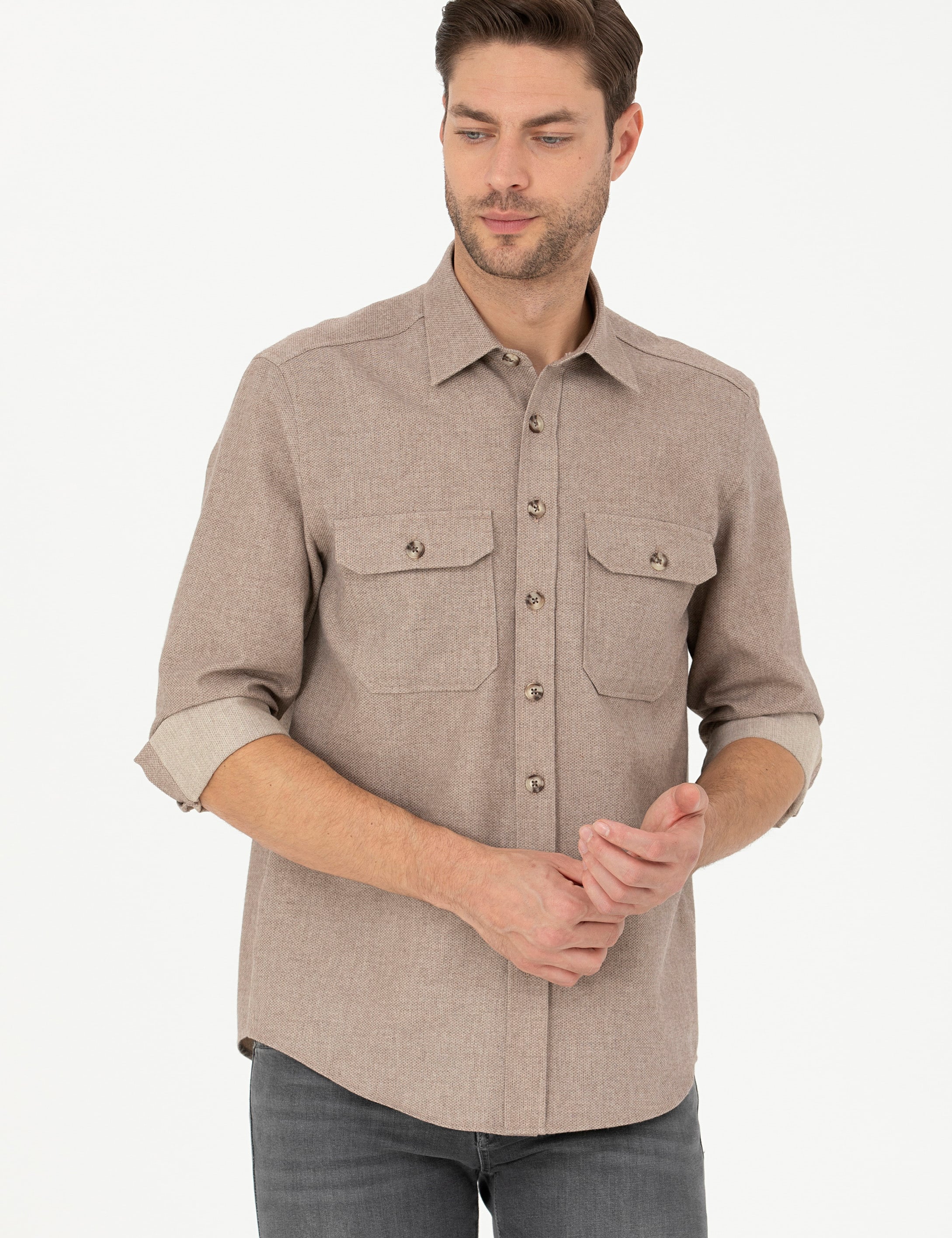 Bej Regular Fit Uzun Kollu Gömlek - Image 3