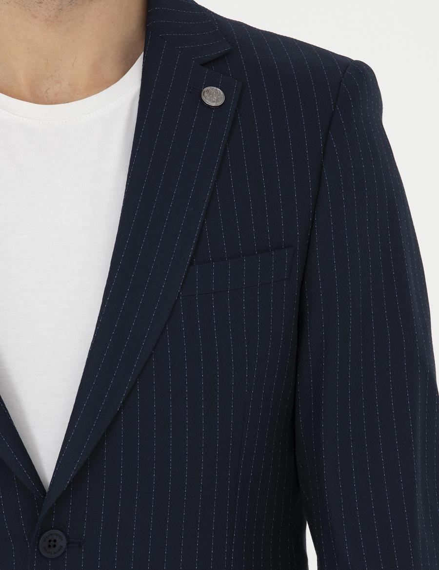 Lacivert Ex. Slim Fit Çizgili Takım Elbise